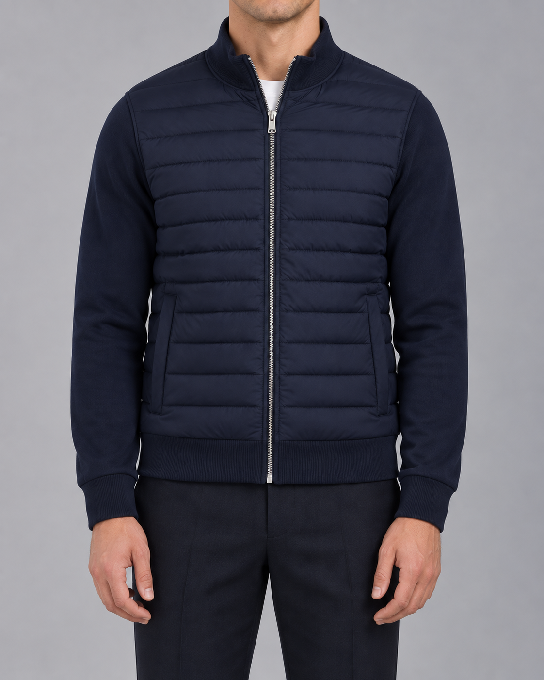Men’s Quilted Hybrid Jacket – Knit Sleeve Zip Up
