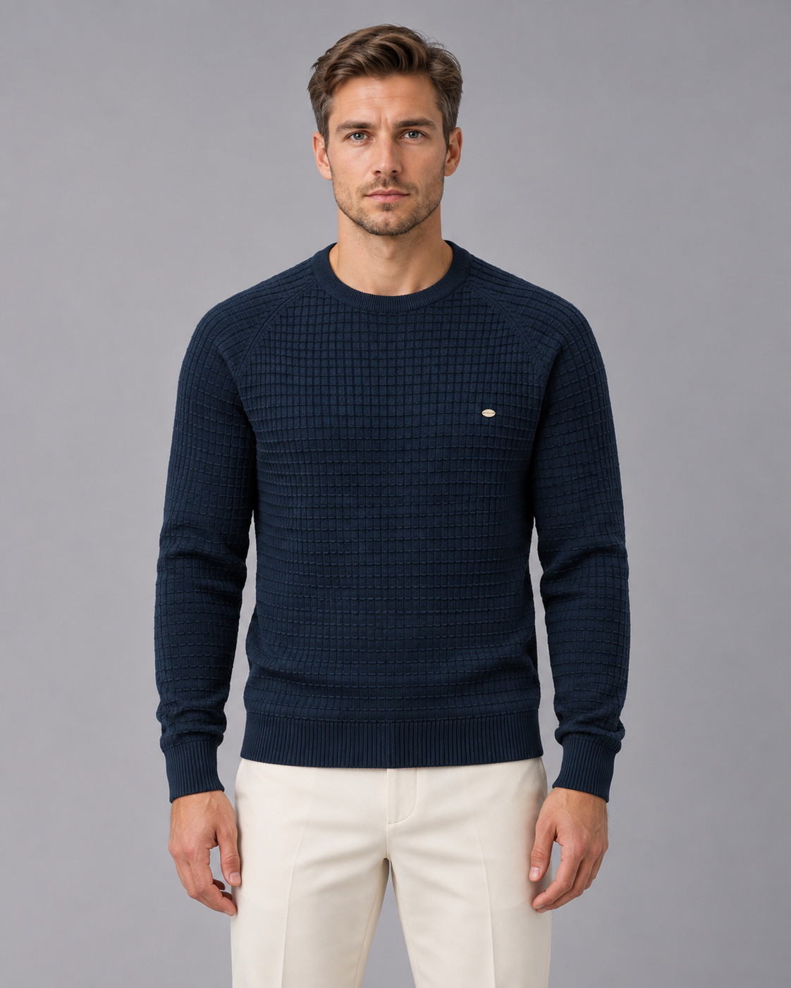 Men's Textured Waffle Knit Sweater | Cozy Long Sleeve Winter Jumper with Crewneck