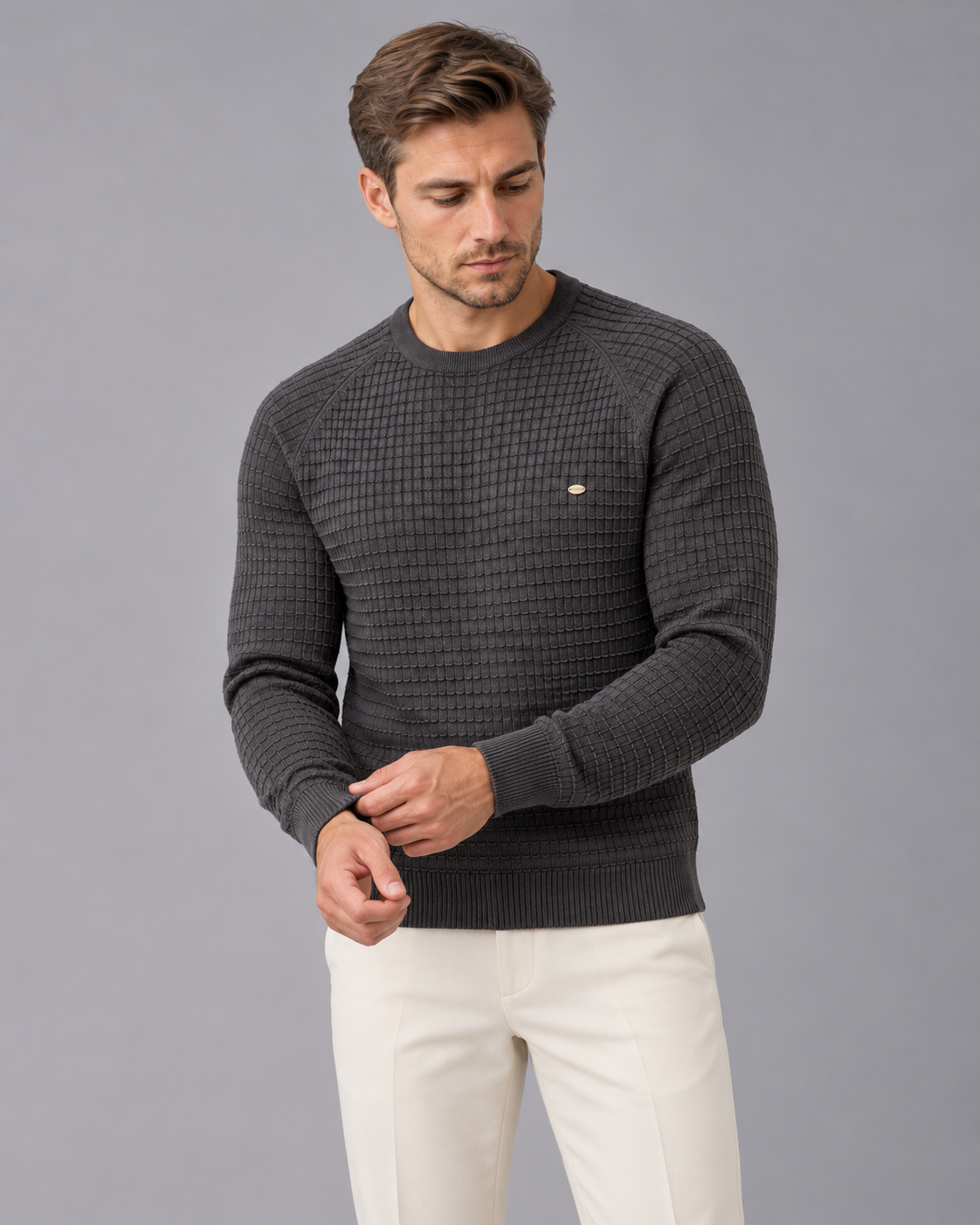 Men's Textured Waffle Knit Sweater | Cozy Long Sleeve Winter Jumper with Crewneck