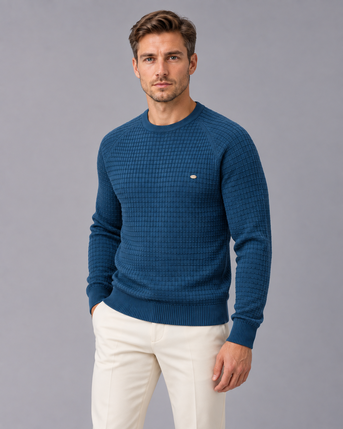 Men's Textured Waffle Knit Sweater | Cozy Long Sleeve Winter Jumper with Crewneck