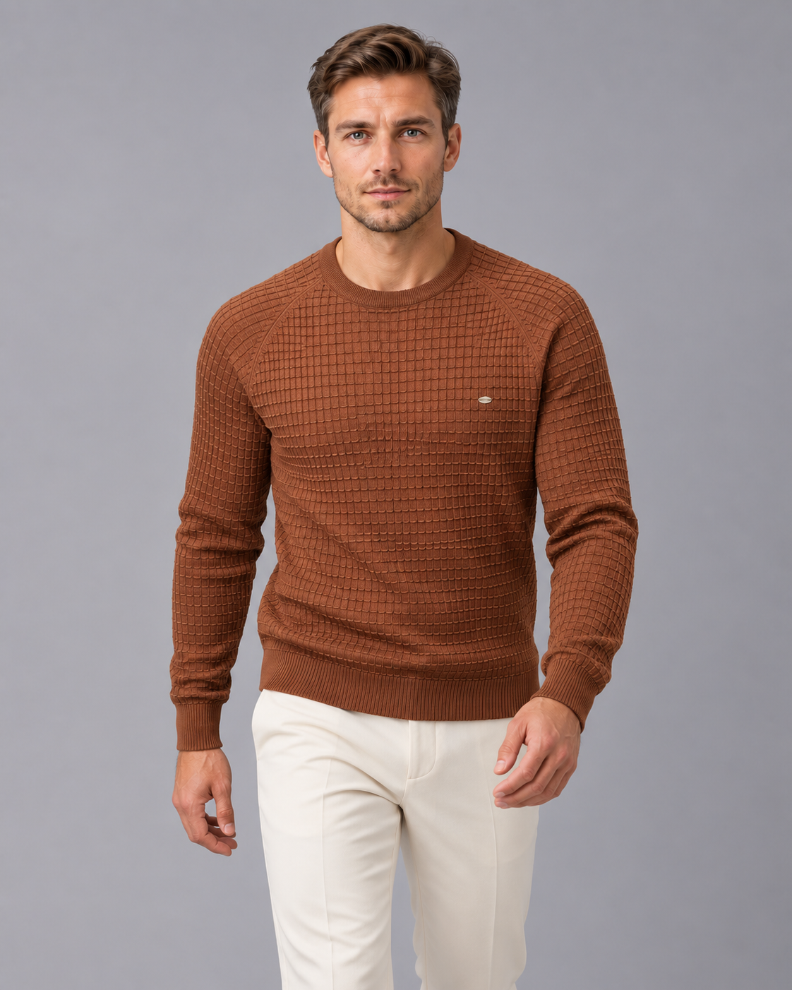 Men's Textured Waffle Knit Sweater | Cozy Long Sleeve Winter Jumper with Crewneck
