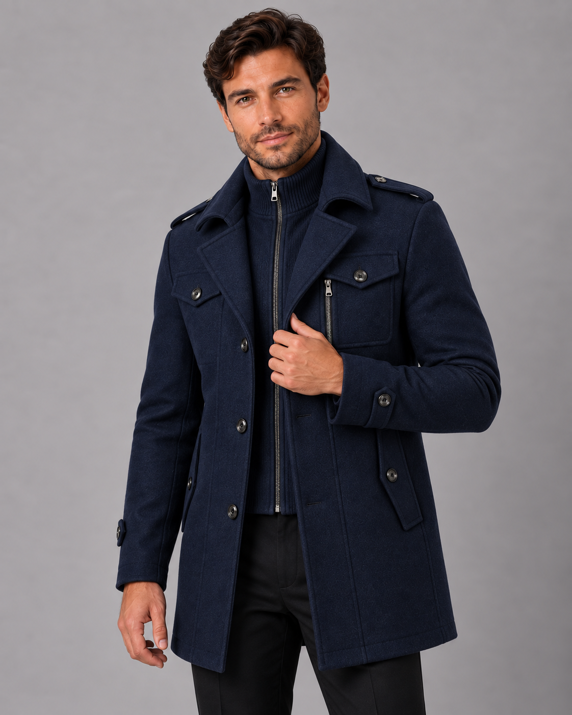 Men's Wool Overcoat | Smart-Casual Military Style with Detachable Bib