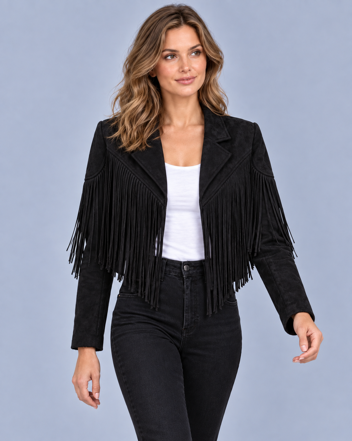 Women's Soft Suede Cropped Biker Jacket | Stylish Fringe Detail
