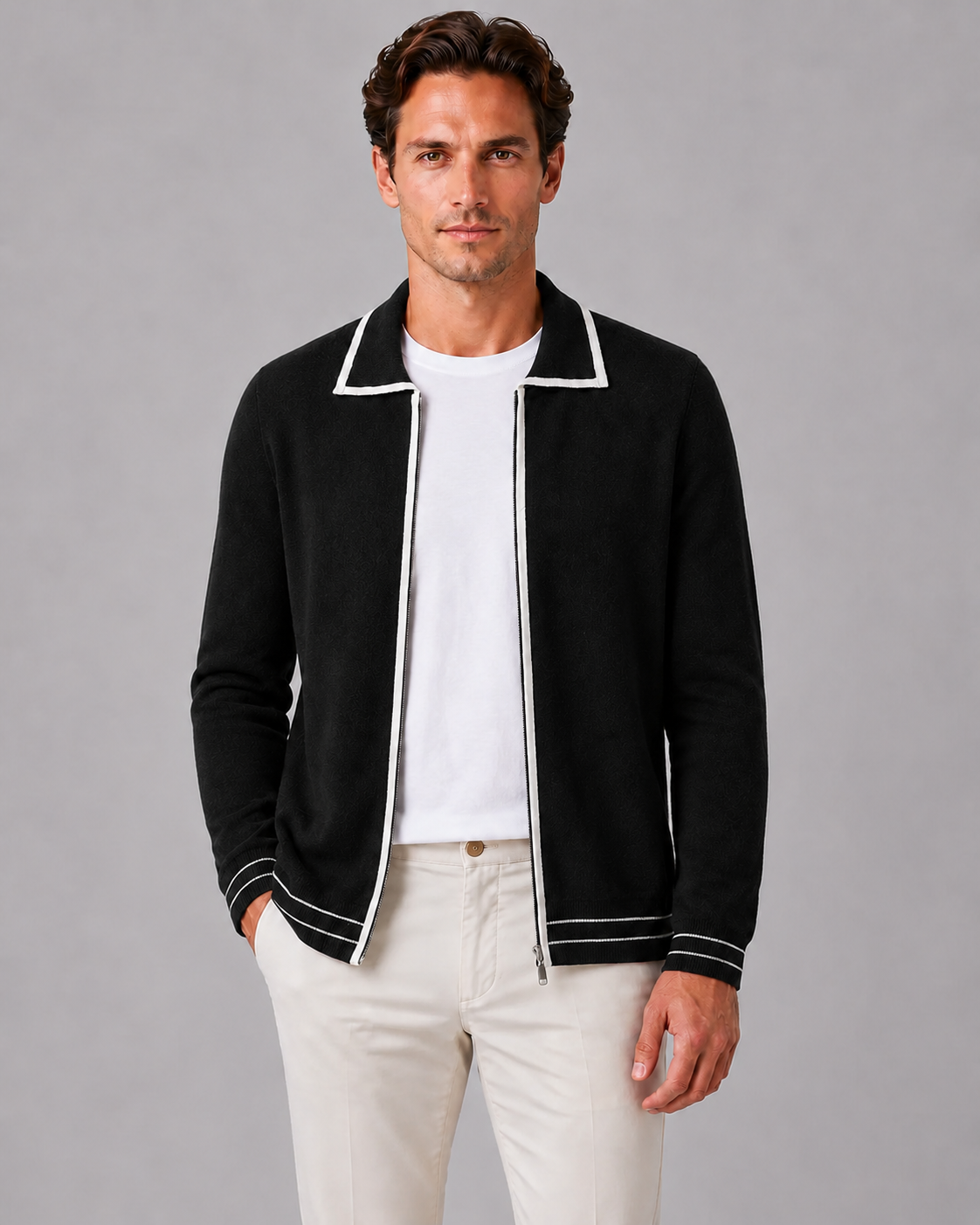 Two-Tone 100% Wool Knit Polo Cardigan