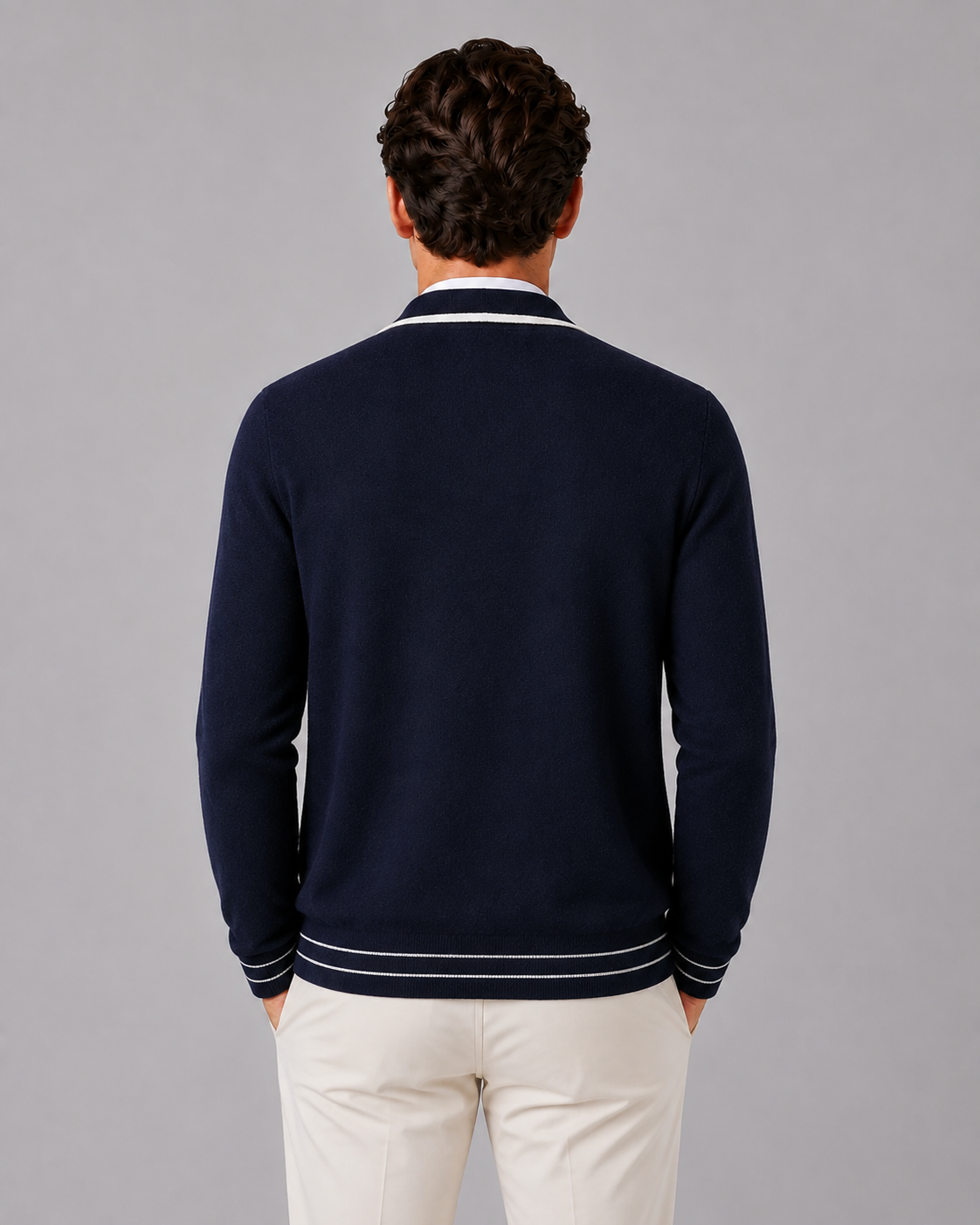 Two-Tone 100% Wool Knit Polo Cardigan