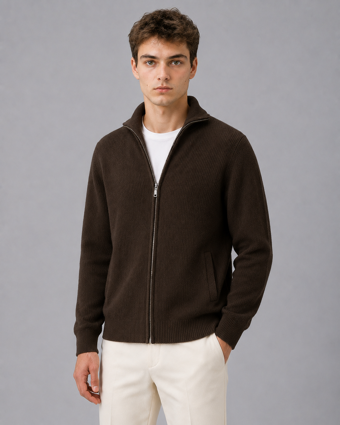 100% Cashmere Rib Knit Zip Cardigan