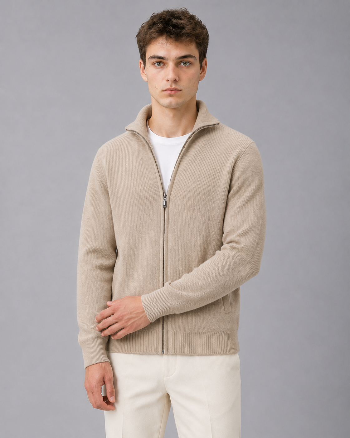 100% Cashmere Rib Knit Zip Cardigan