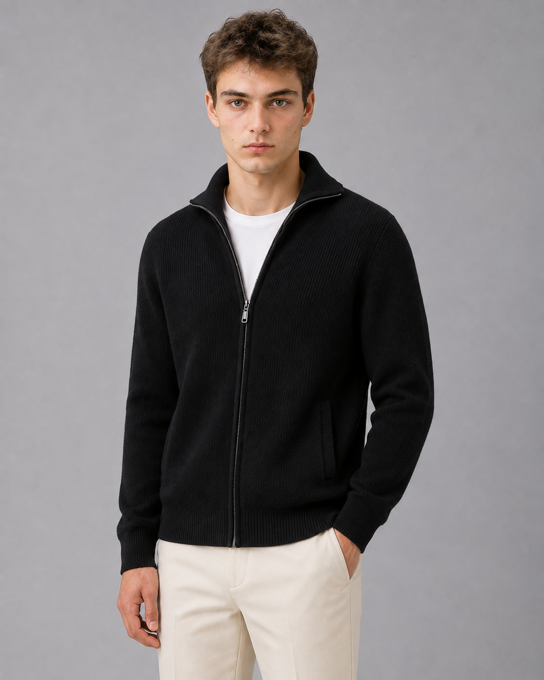 100% Cashmere Rib Knit Zip Cardigan