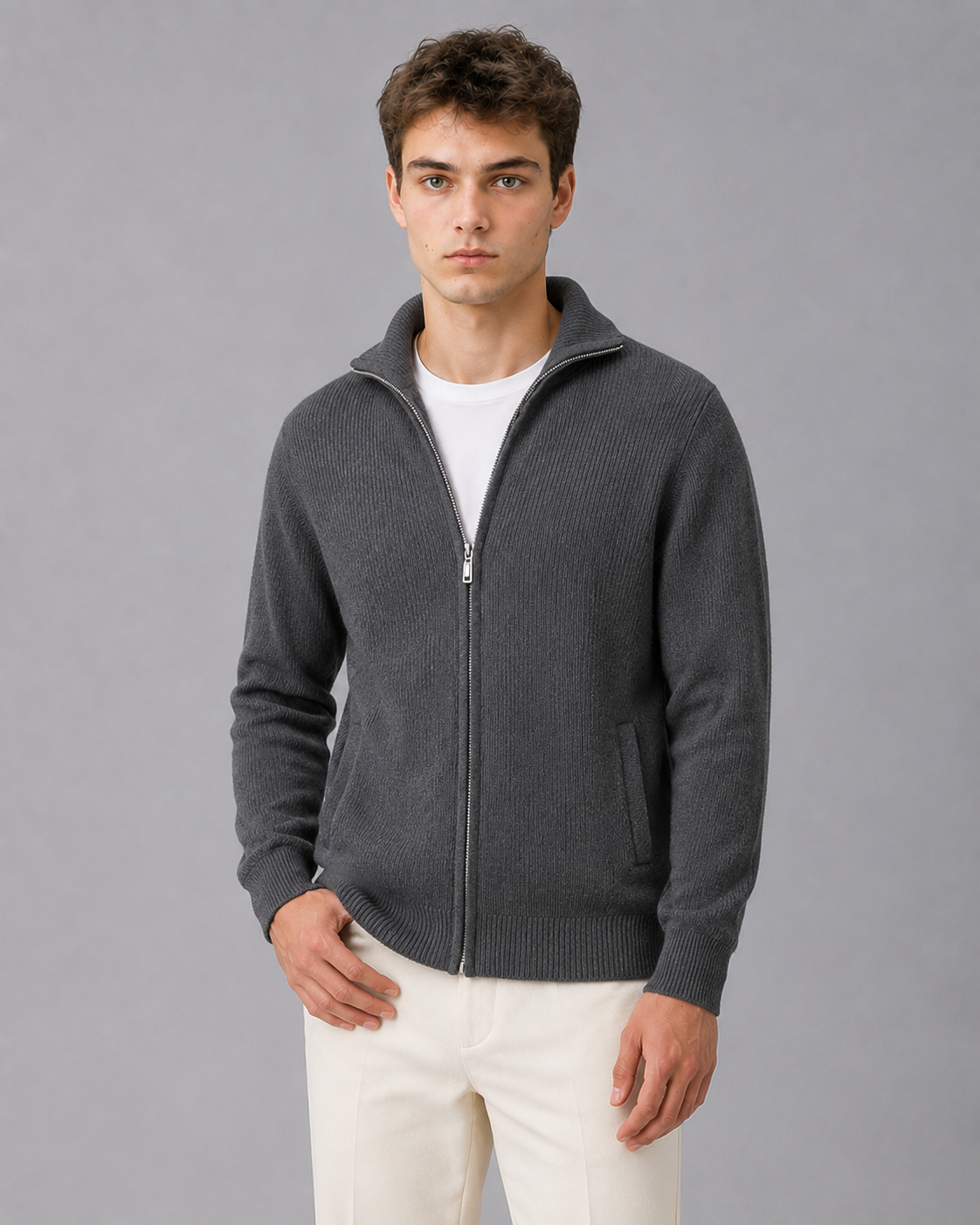 100% Cashmere Rib Knit Zip Cardigan
