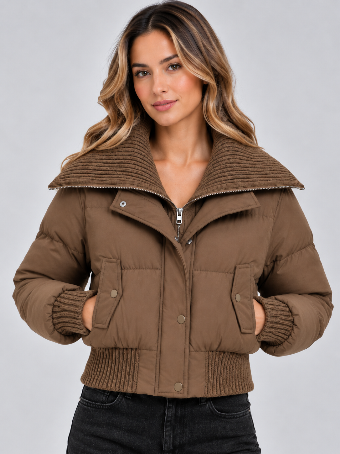Women's Cropped Puffer Jacket with Ribbed Knit Collar