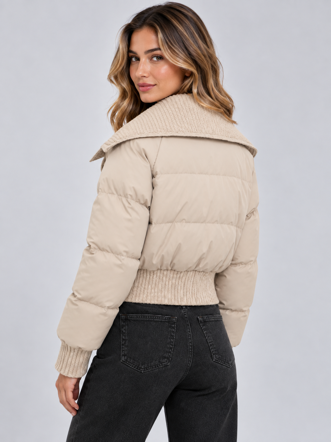 Women's Cropped Puffer Jacket with Ribbed Knit Collar
