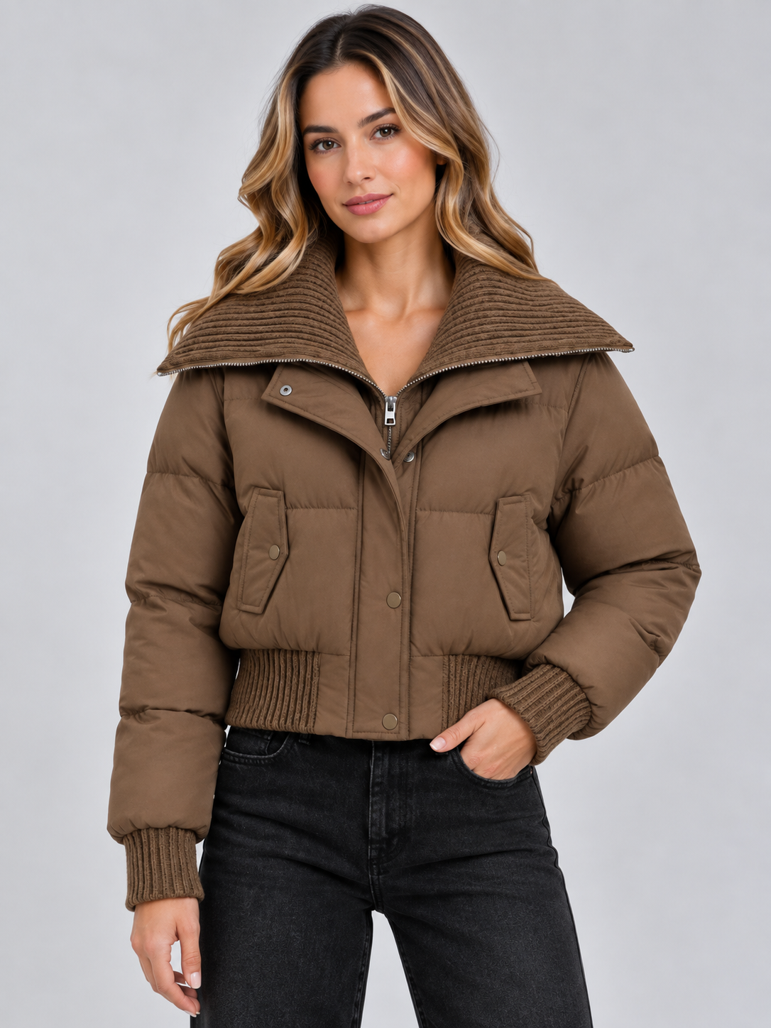 Women's Cropped Puffer Jacket with Ribbed Knit Collar