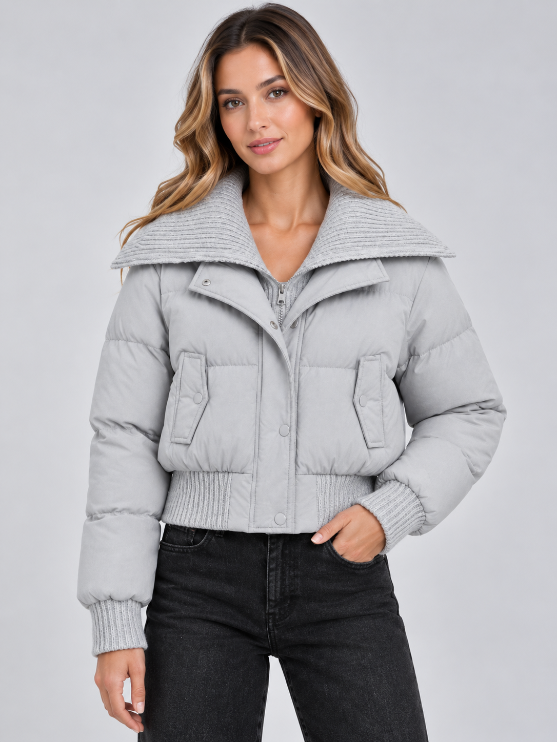 Women's Cropped Puffer Jacket with Ribbed Knit Collar