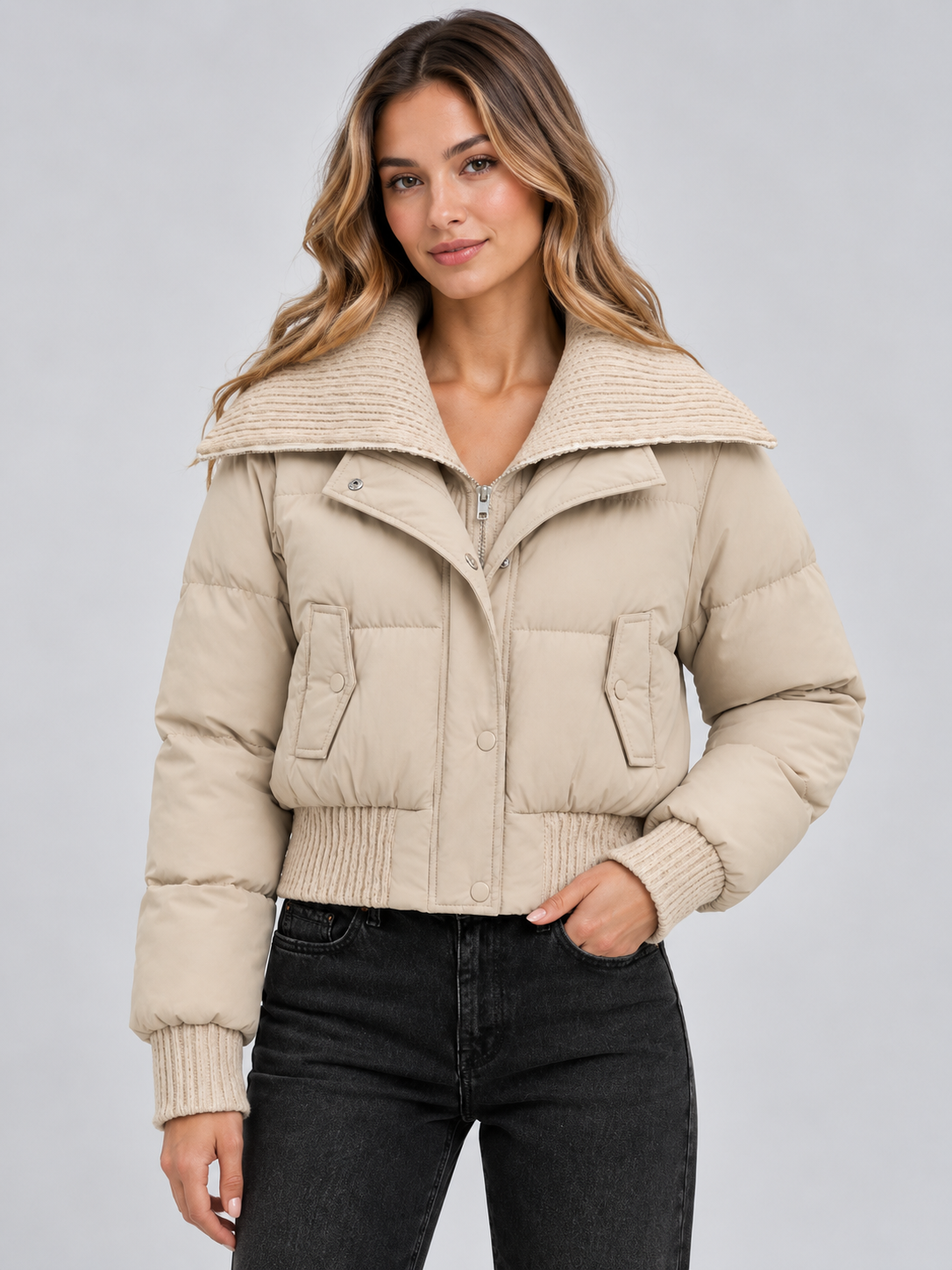 Women's Cropped Puffer Jacket with Ribbed Knit Collar