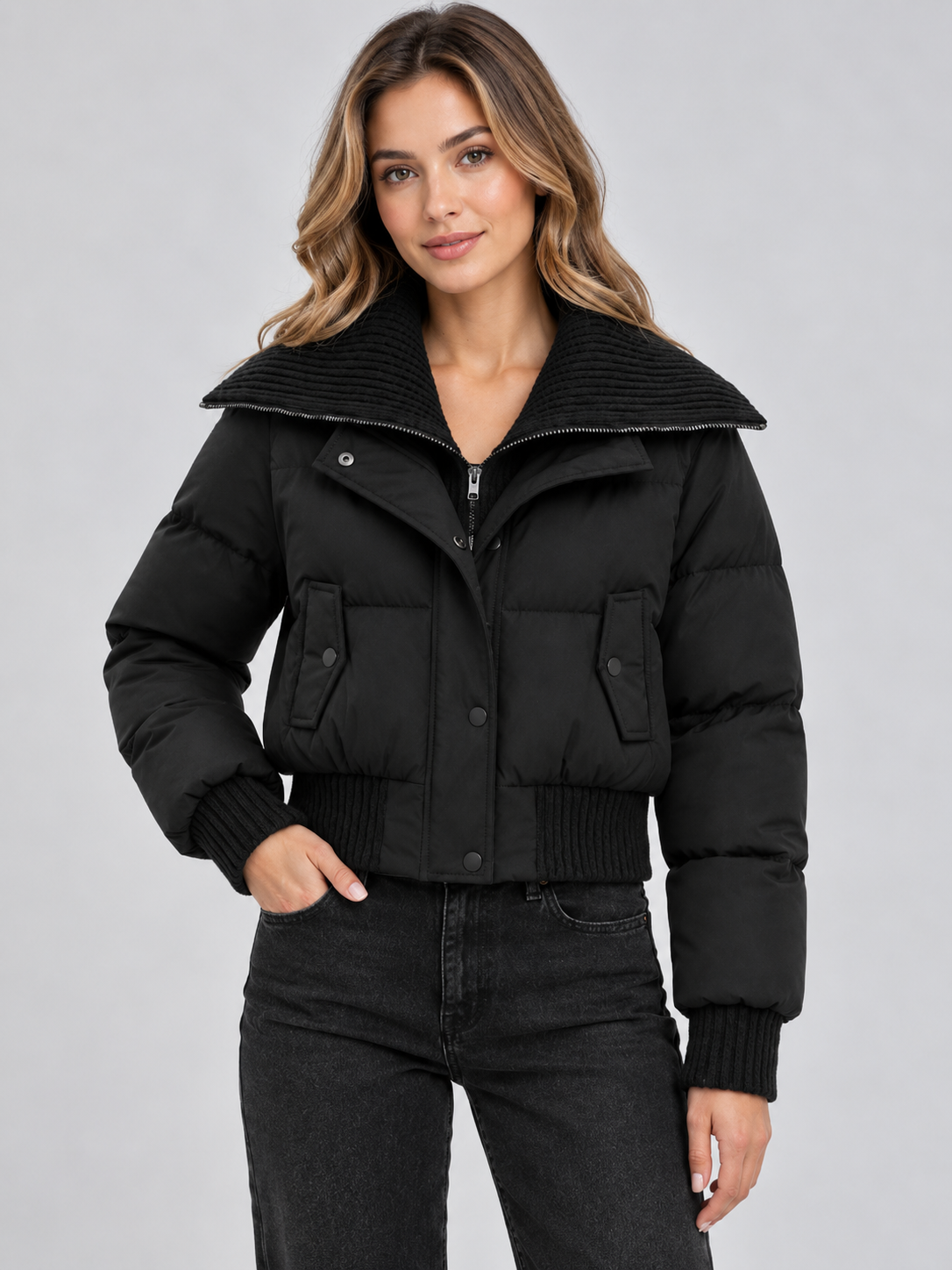 Women's Cropped Puffer Jacket with Ribbed Knit Collar