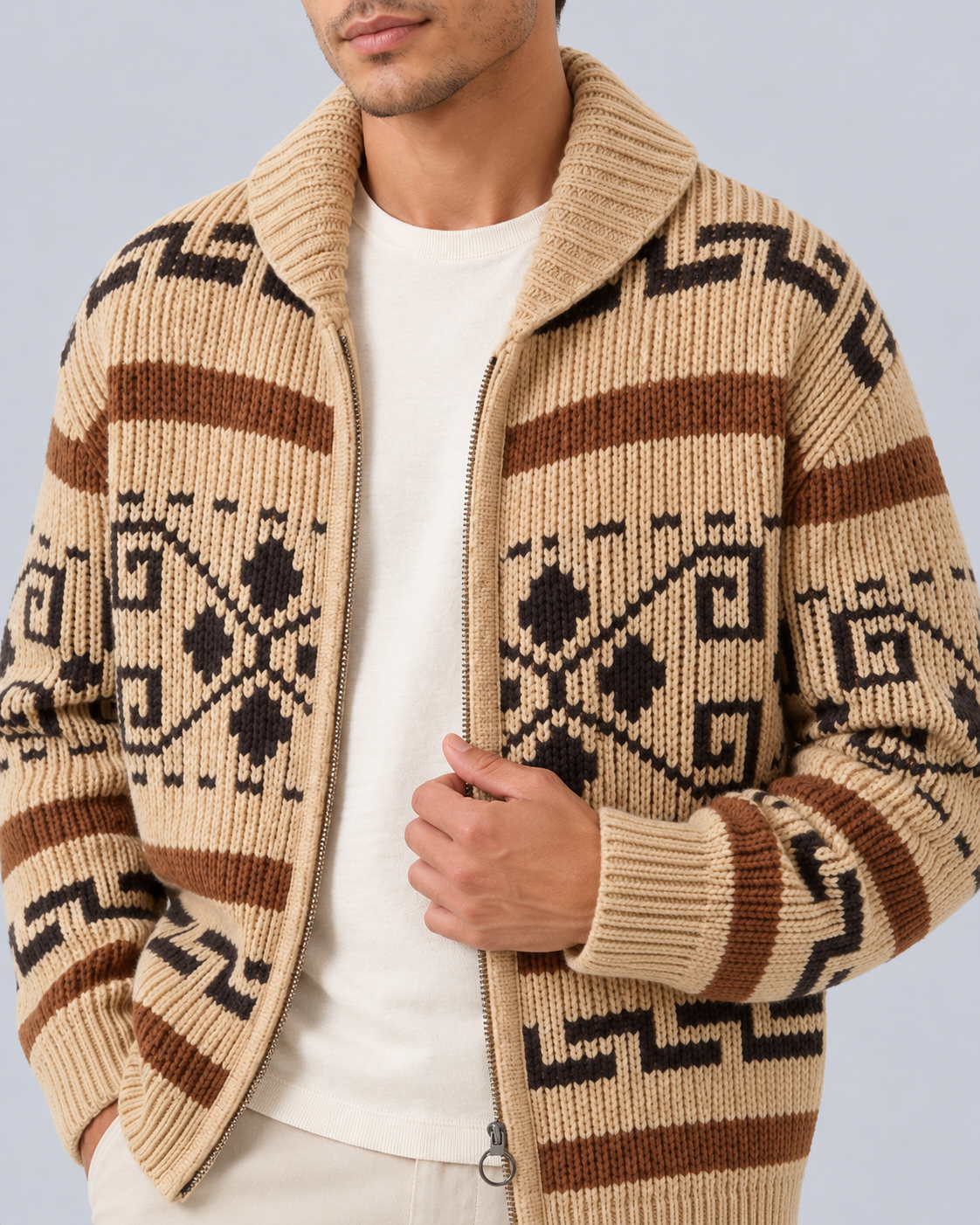 Men's Jacquard Zip Cardigan in Acrylic Knit | Shawl Collar with Geometric Pattern