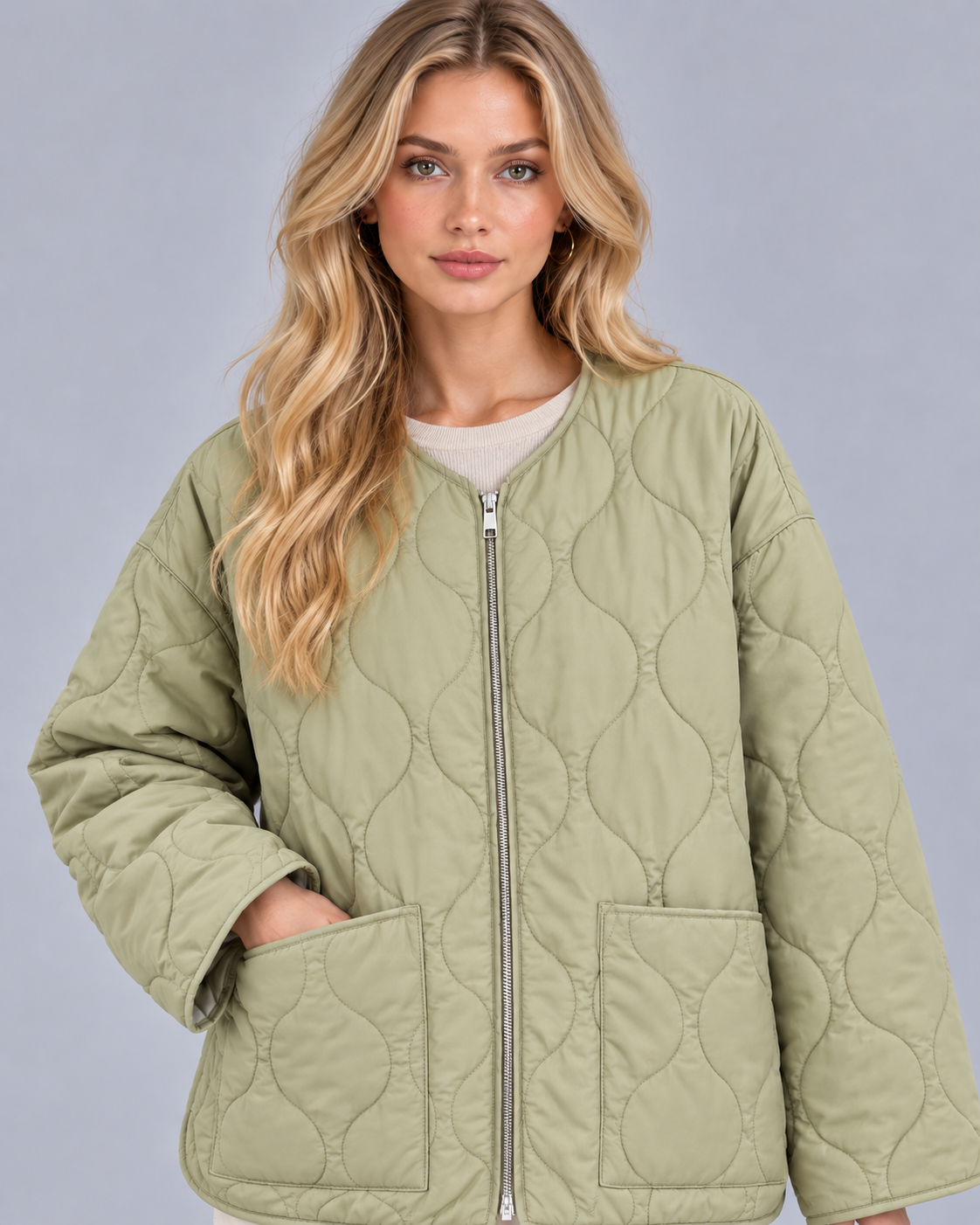 Women's Collarless Quilted Jacket | Lightweight Padded Zip-Up Jacket with Wave Stitching