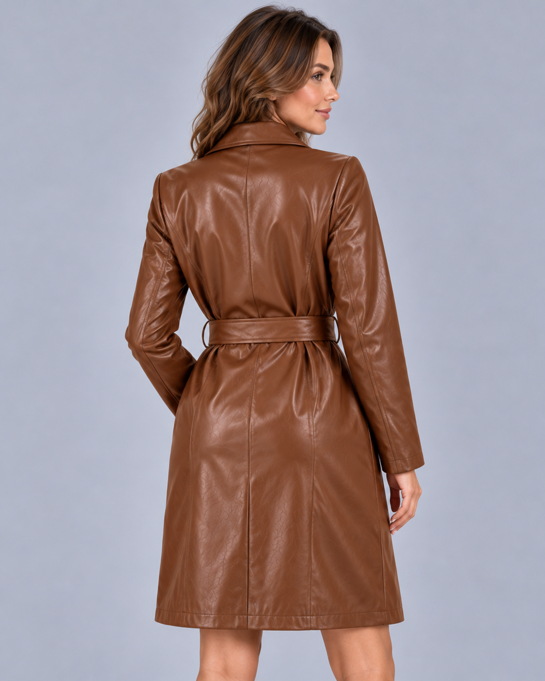Women's Faux Leather Belted Trench Coat