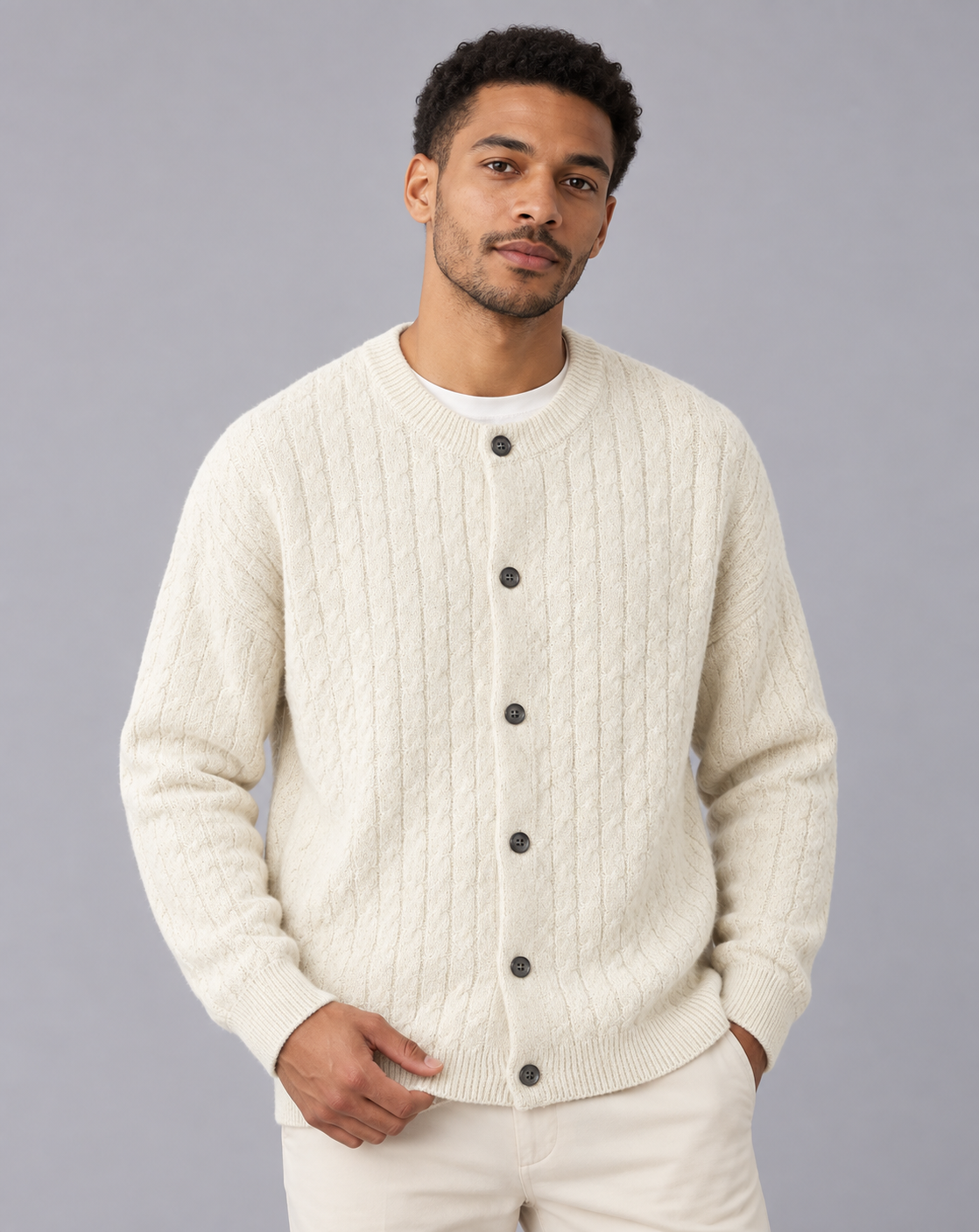 Men's Cable Knit Cardigan | Crew Neck with Six-Button Front
