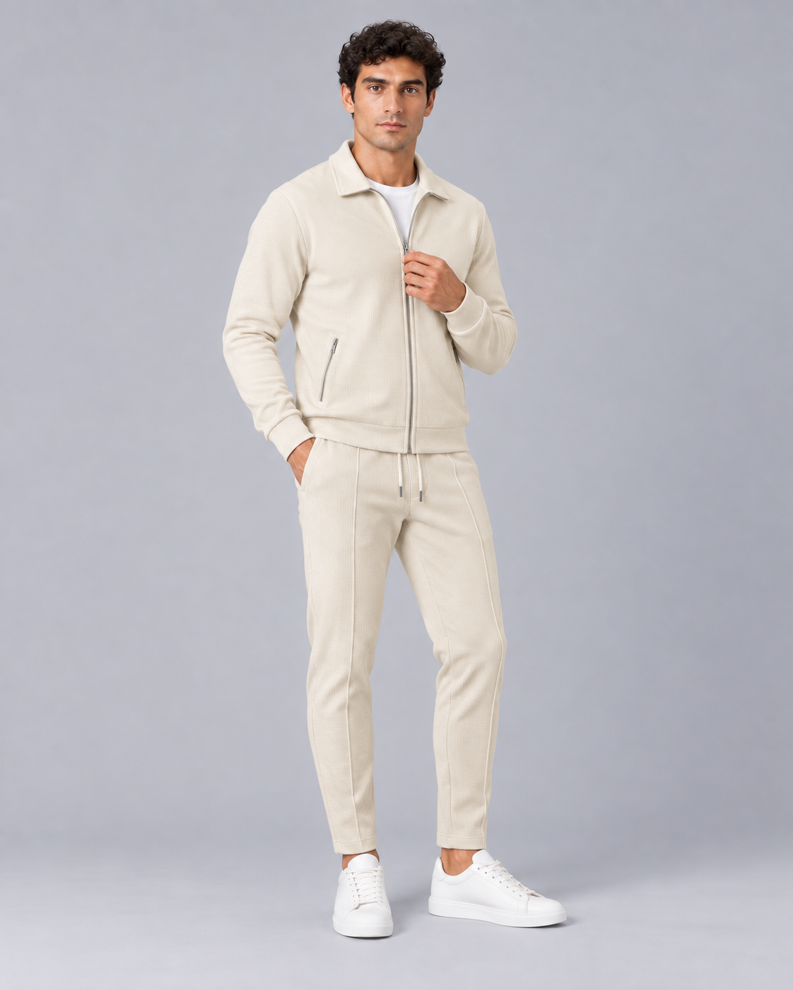 Men's Waffle Tracksuit Set - Zip Jacket & Pants