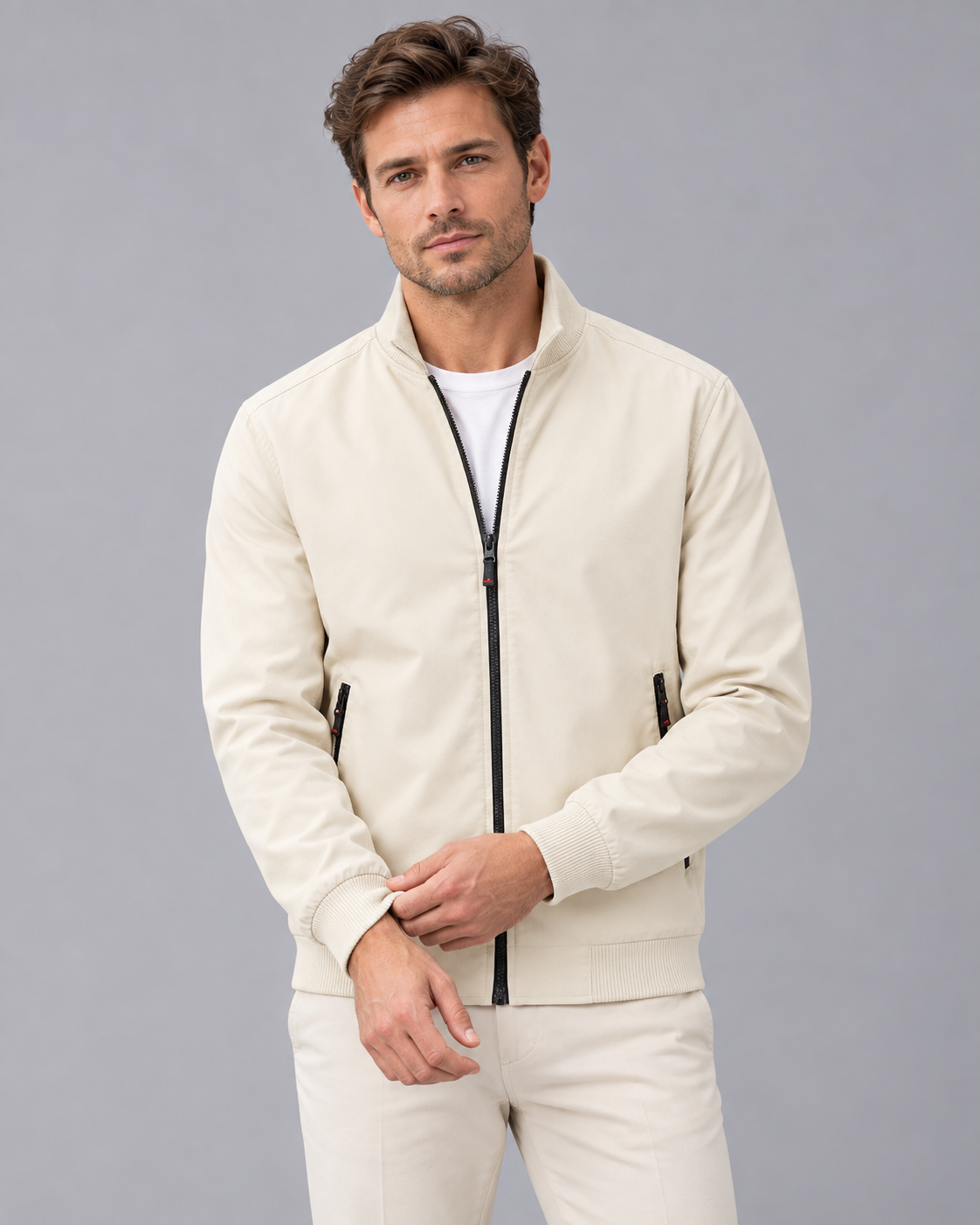 Men's Bomber Jacket | Stand Collar with Full Zip and Zip Pockets