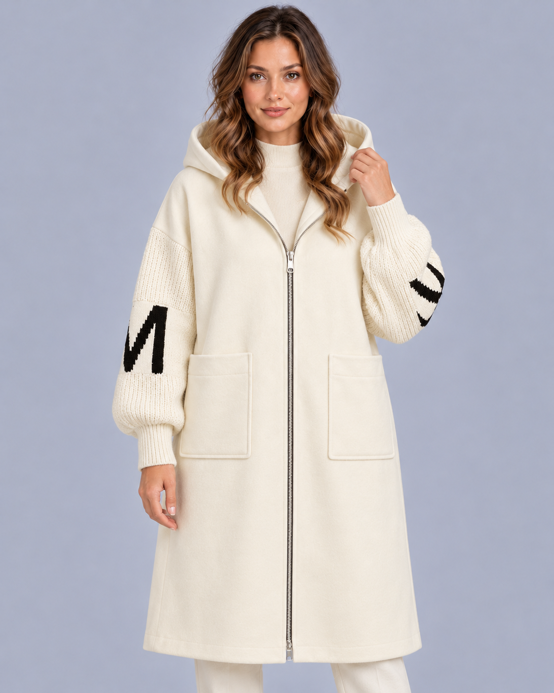 Women's Oversized Hooded Coat with Knitted Sleeves