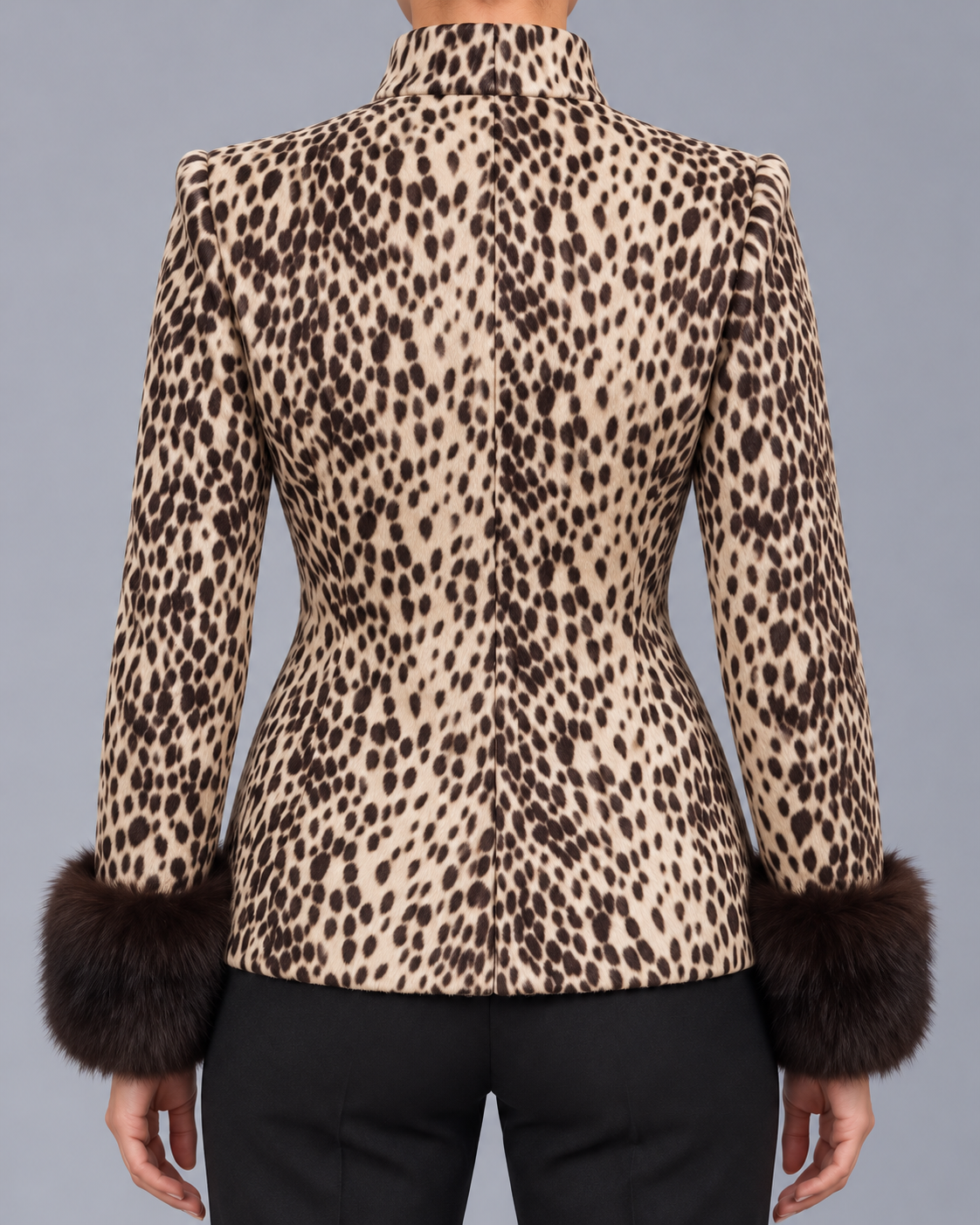 Leopard Print Jacket | Coat with Fur Cuffs and Tailored Fit