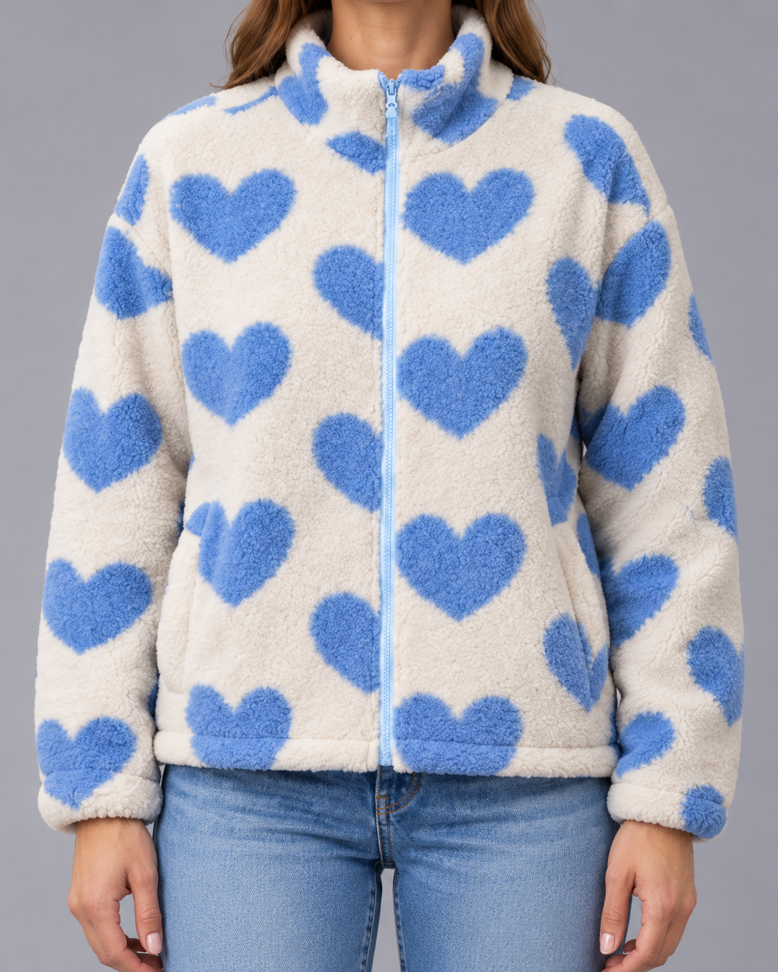 Women's Reversible Heart Print Jacket with Zip Front and Stand Collar