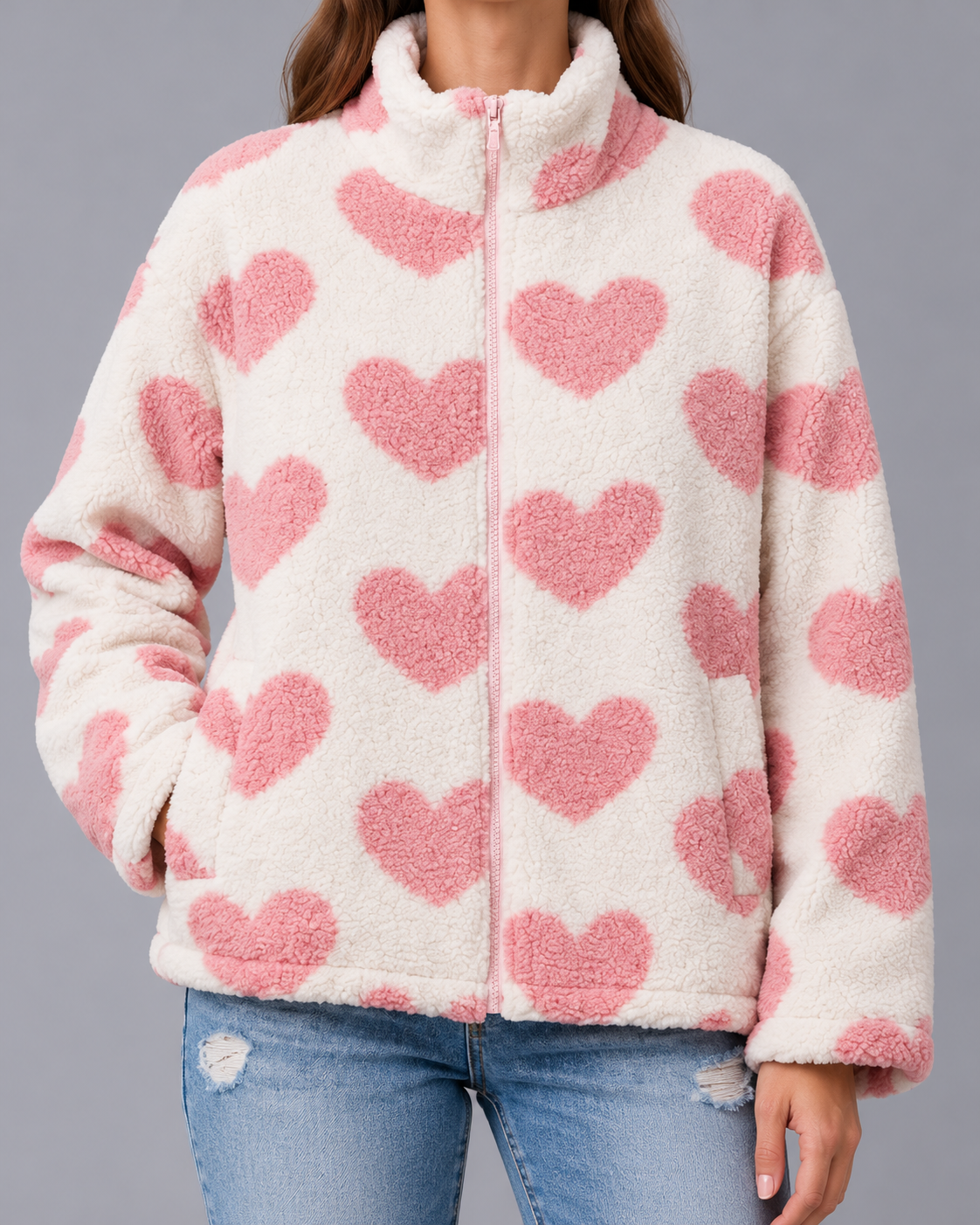 Women's Reversible Heart Print Jacket with Zip Front and Stand Collar