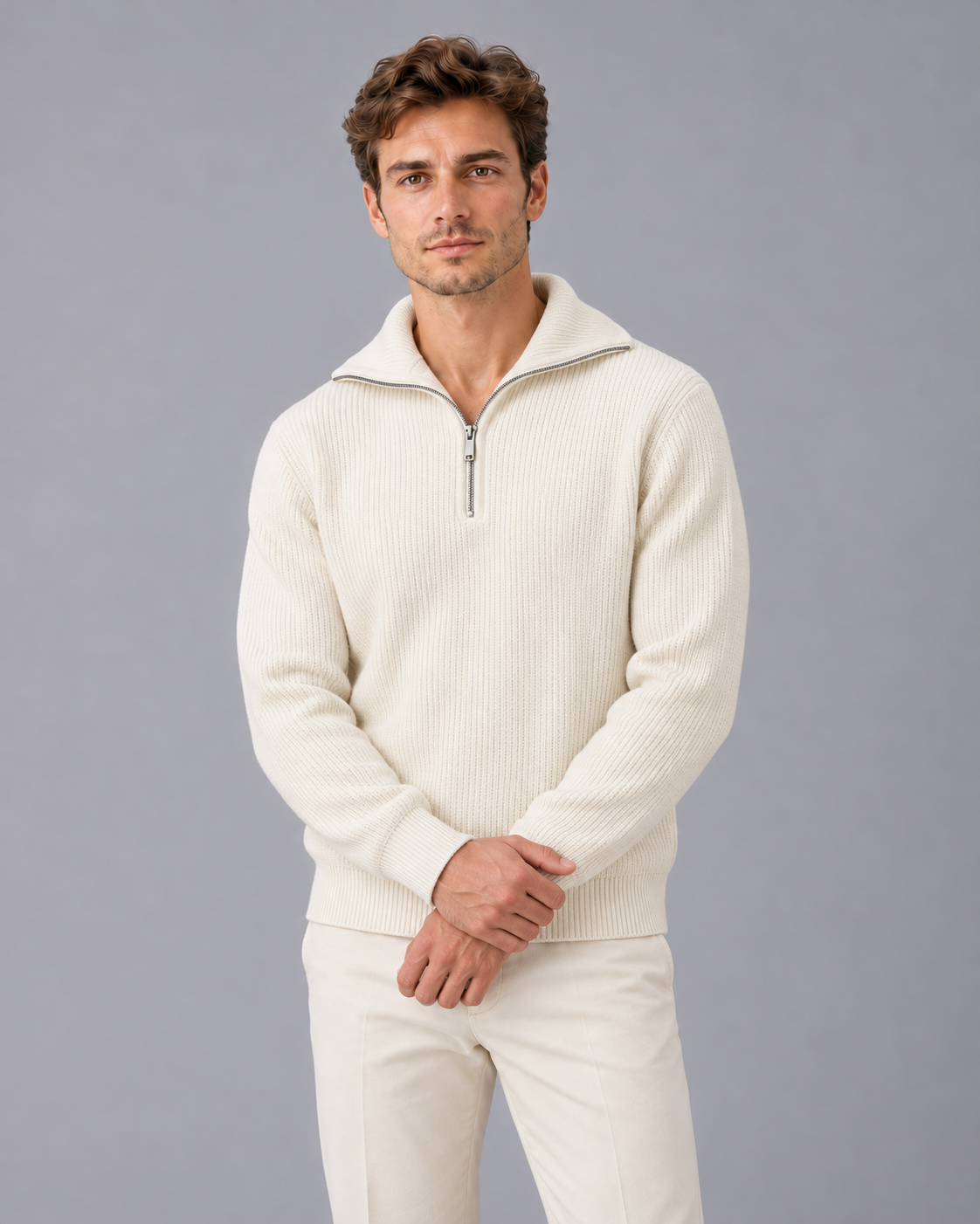 Men's Ribbed Quarter Zip Jumper with High Collar