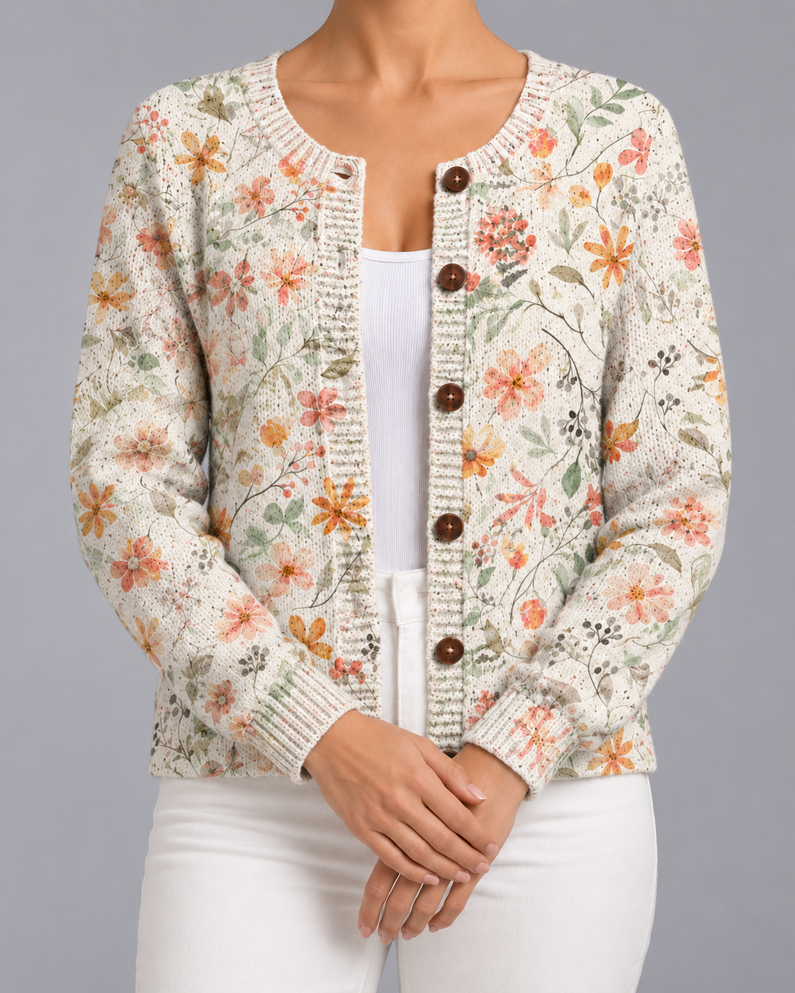 Women's Floral Knit Button-Up Cardigan