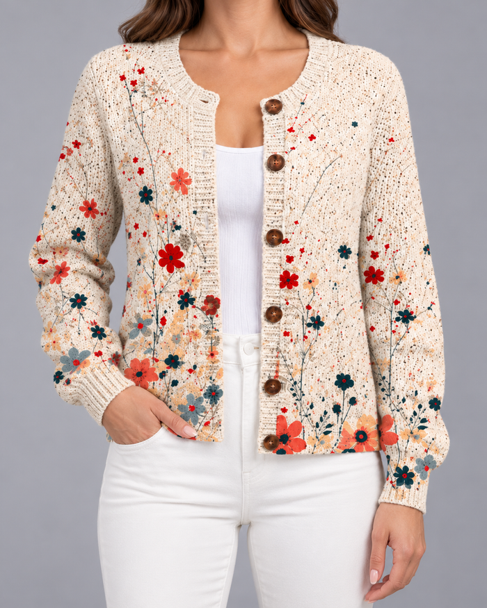 Women's Floral Knit Button-Up Cardigan