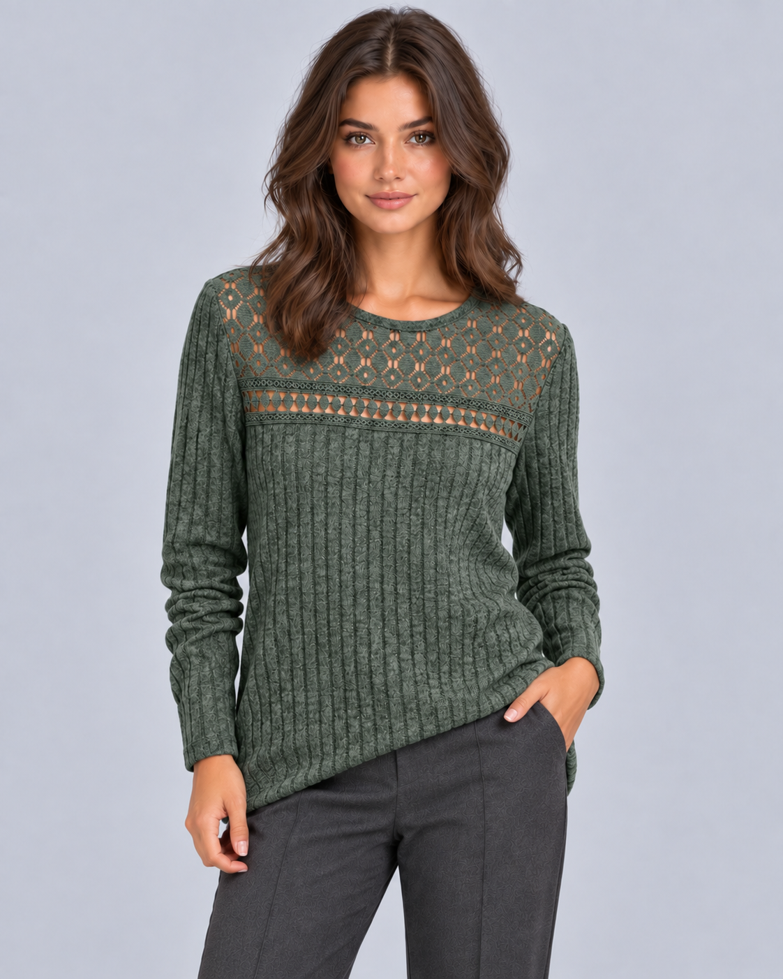 Women's Lace Ribbed Long Sleeve Top | Fitted Crew Neck Blouse