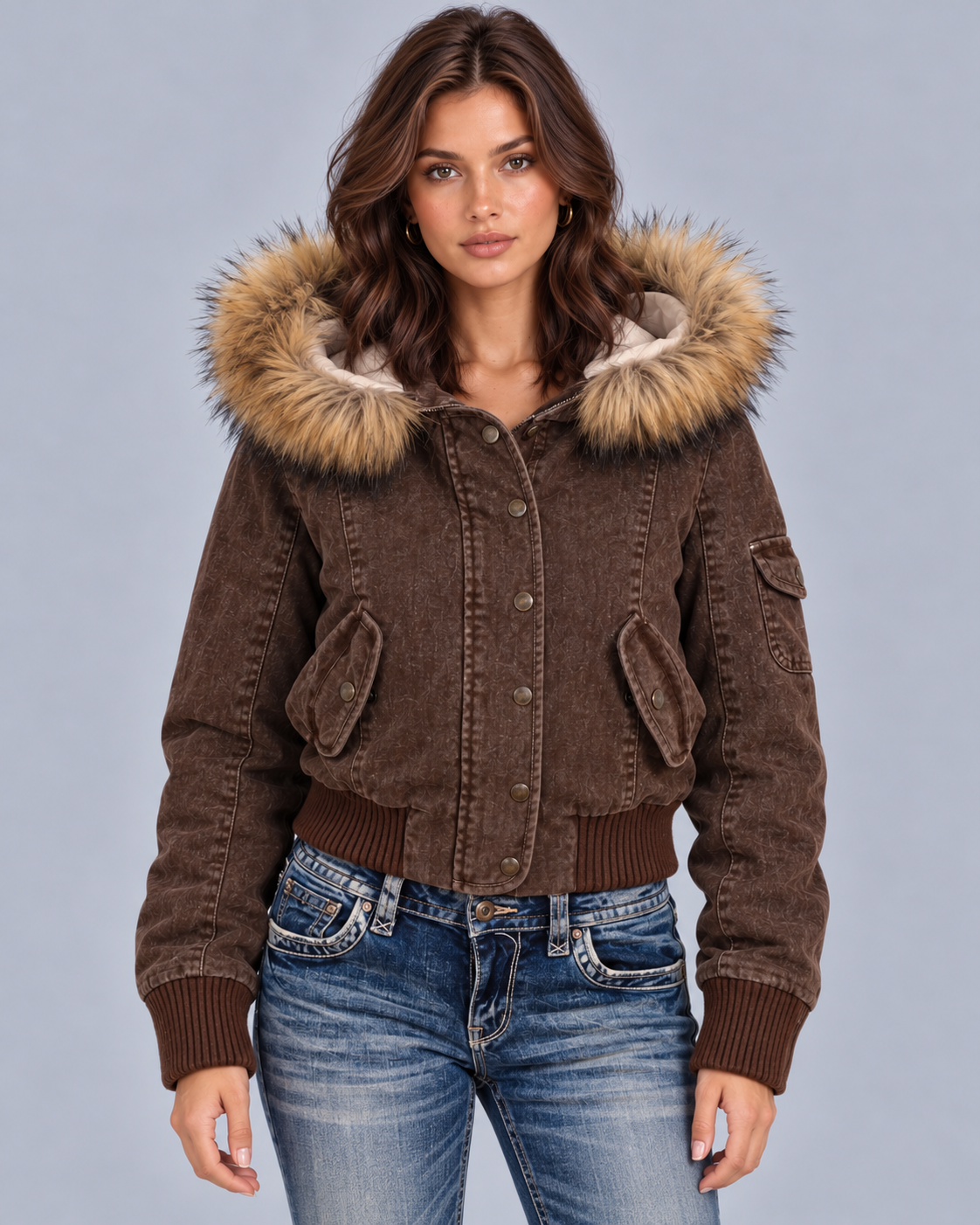 Women's Faux Fur Hooded Denim Bomber Jacket