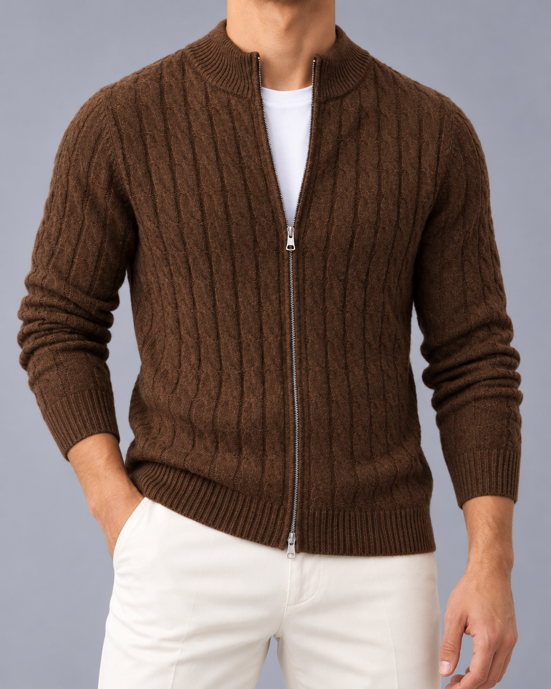 Men's Cable Knit Zip-Up Cardigan with Stand Collar