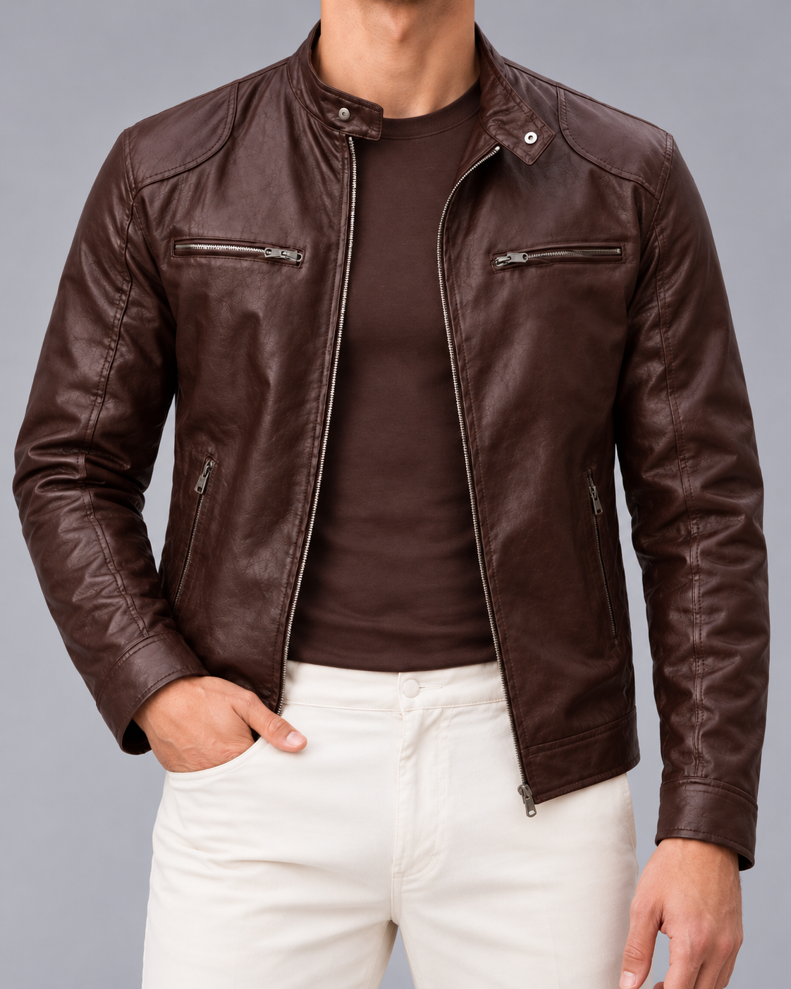 Men's Fitted Faux Leather Racer Jacket