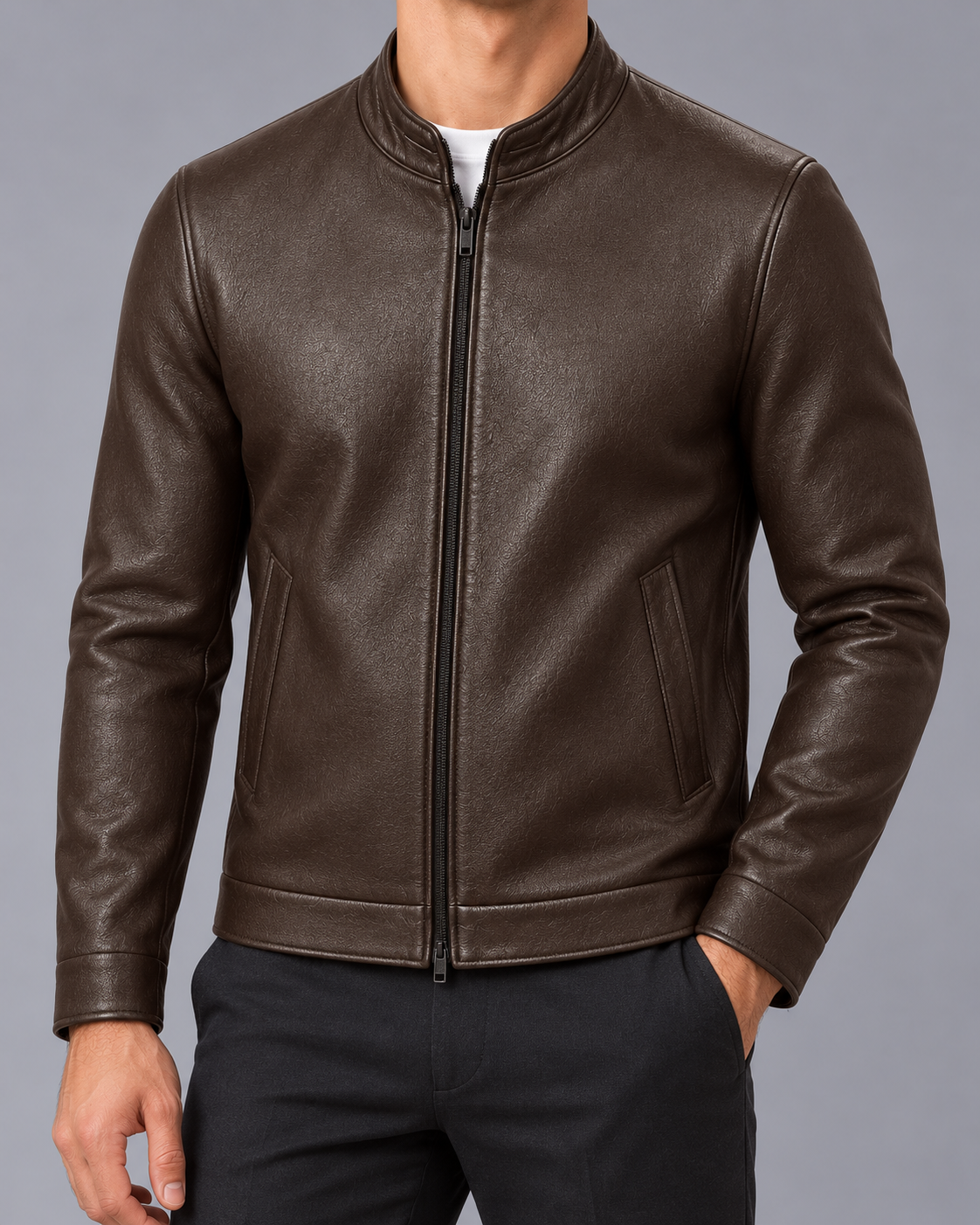 Men's Faux Leather Jacket with Stand Collar and Zip Front