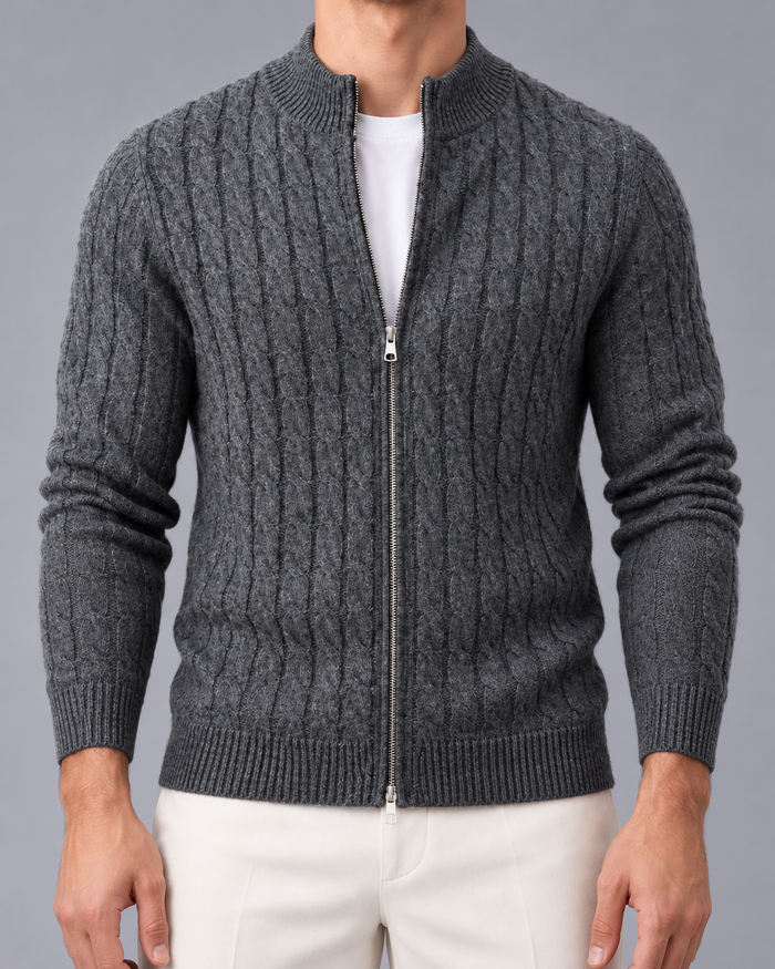 Men's Cable Knit Zip-Up Cardigan with Stand Collar