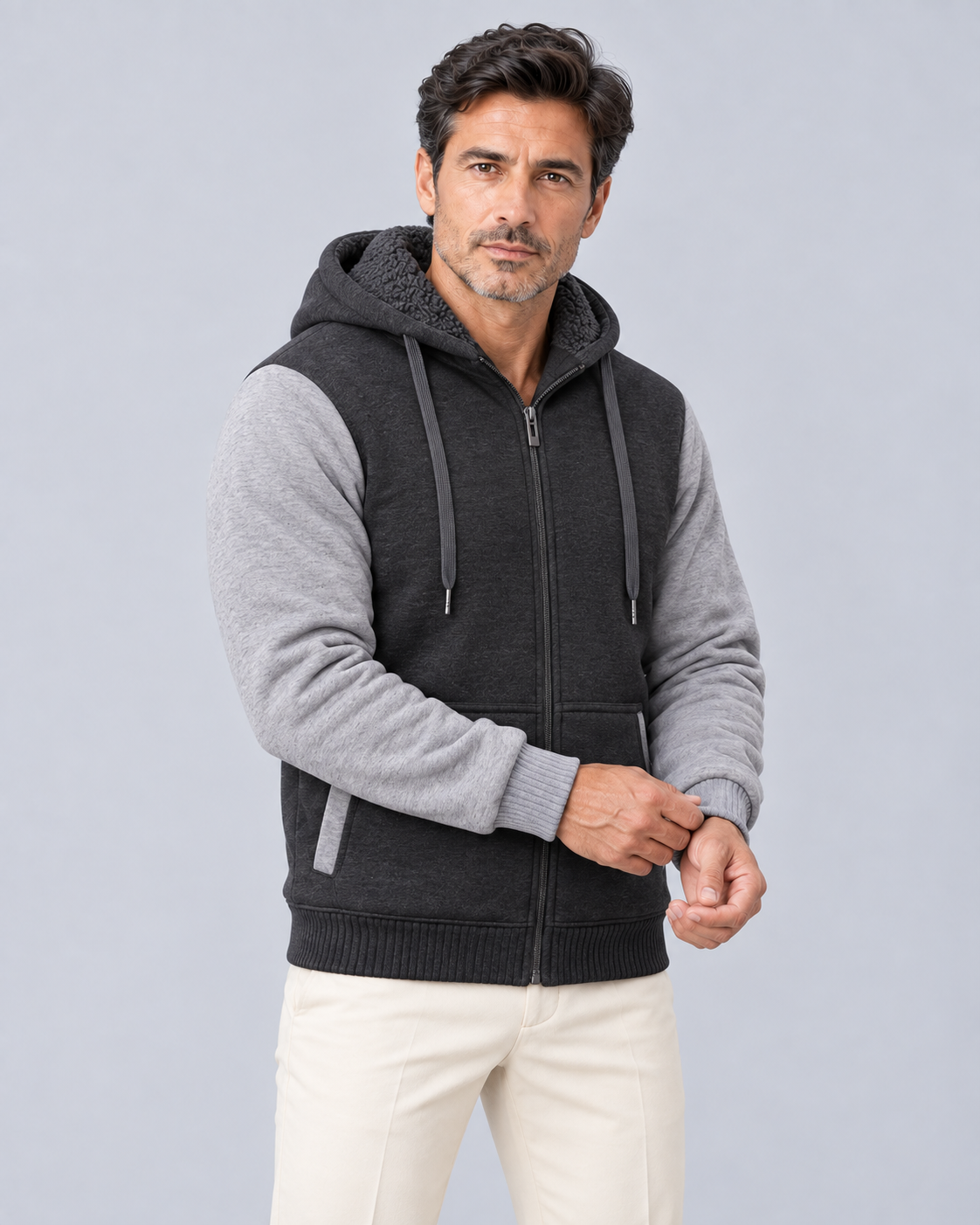 Men's Fleece-Lined Colour Block Hoodie | Full-Zip Winter Sweatshirt