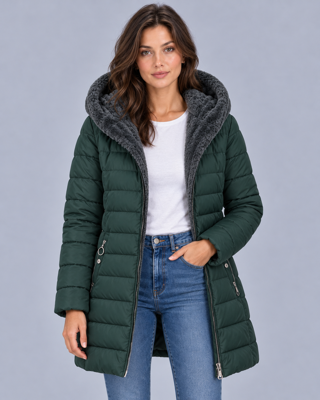 Women's Hooded Puffer Coat with Fleece Lining