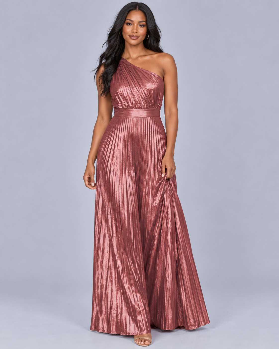 Women's One Shoulder Metallic Pleated Jumpsuit