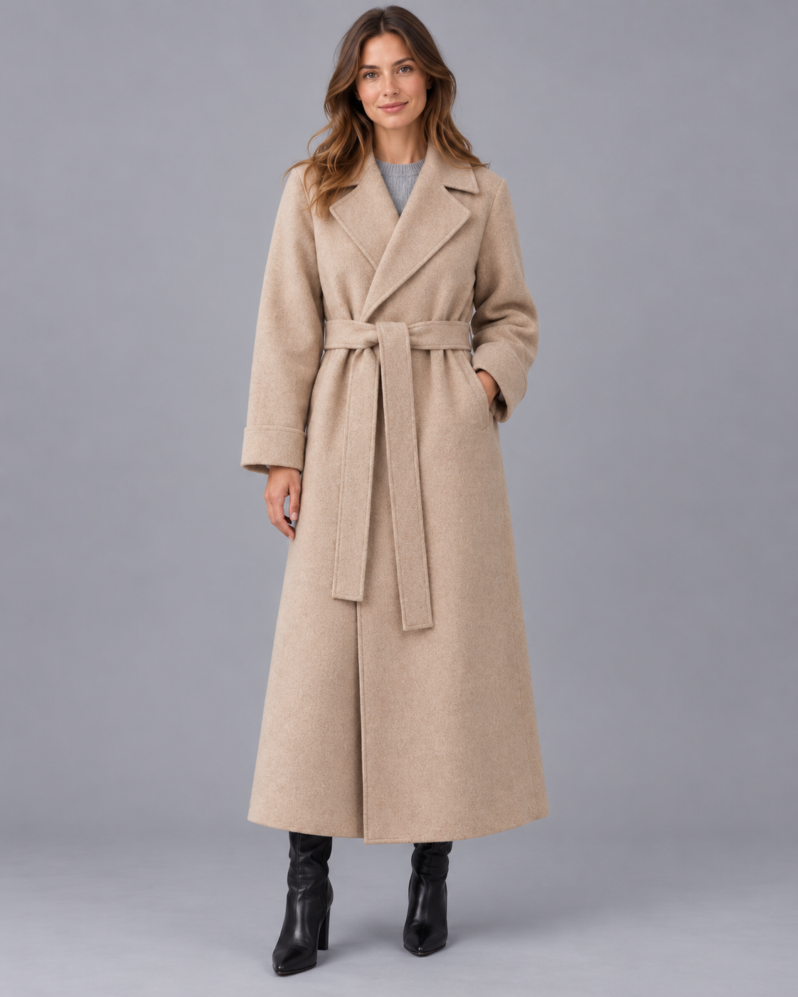 Women's Longline Belted Wrap Coat with Lapel Collar