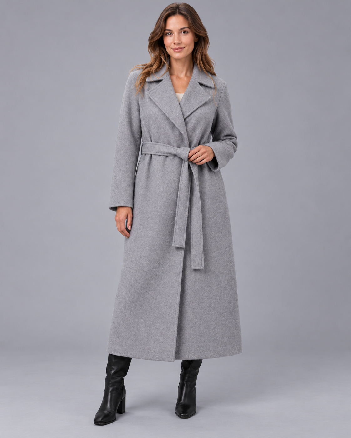 Women's Longline Belted Wrap Coat with Lapel Collar