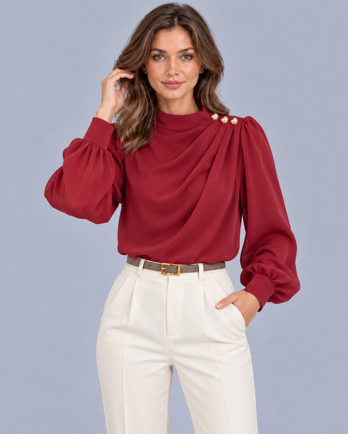 Women's Mock Neck Blouse with Gold Buttons