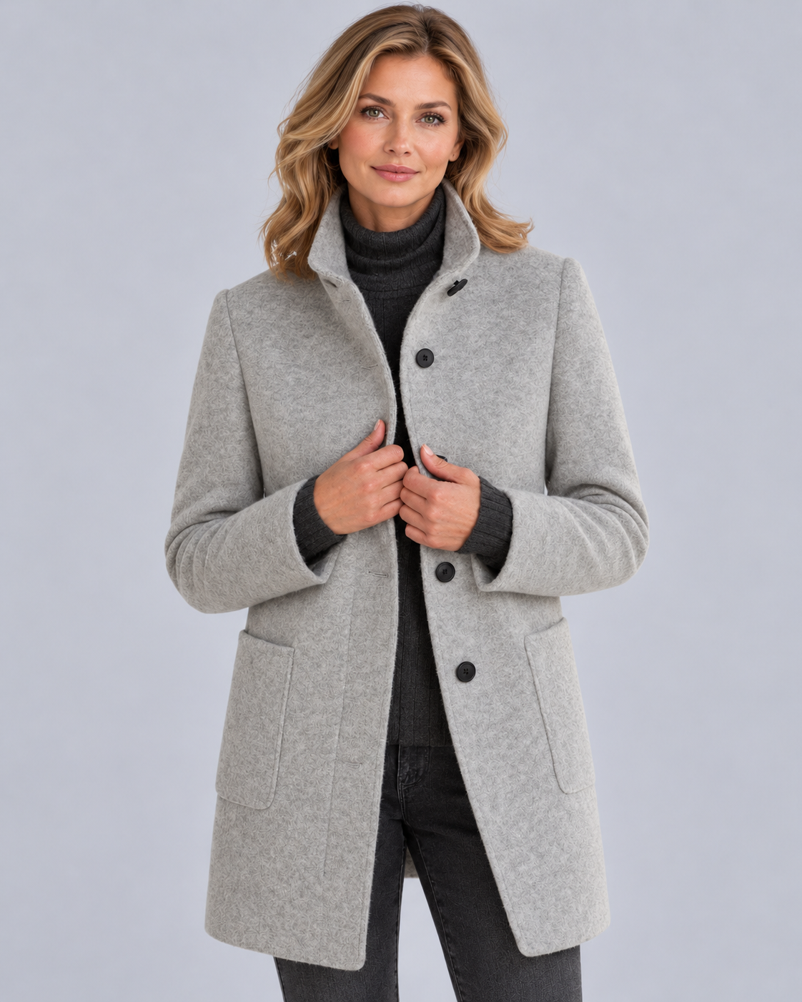 Women's Wool Midi Coat with Stand Collar