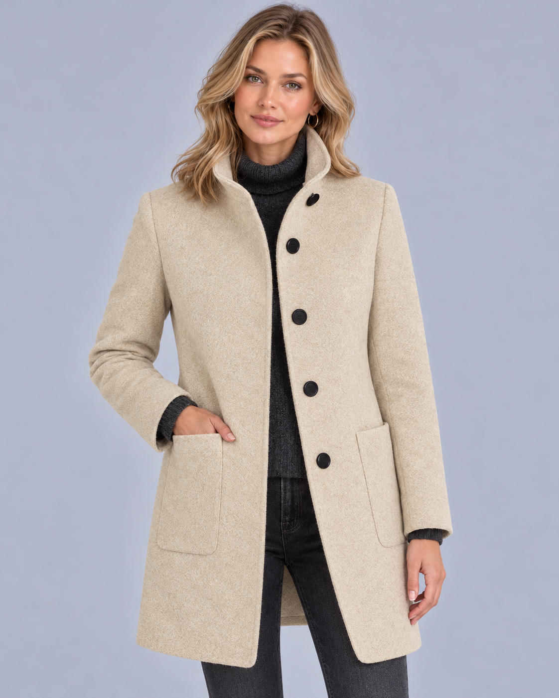 Women's Wool Midi Coat with Stand Collar