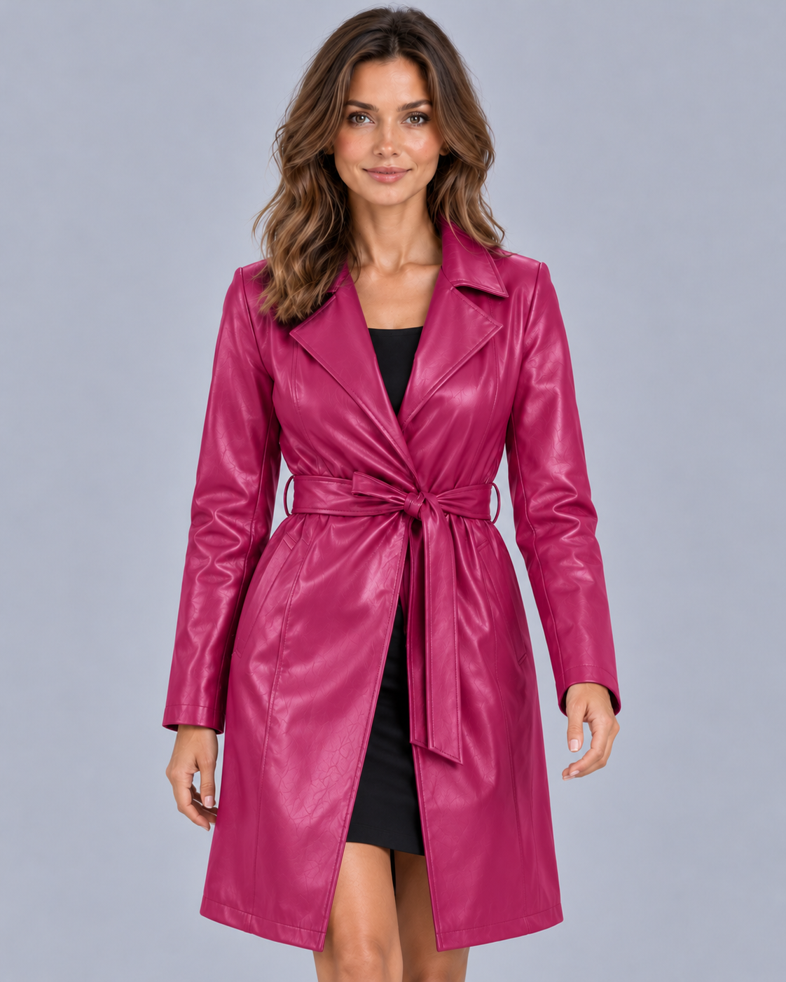 Women's Faux Leather Belted Trench Coat