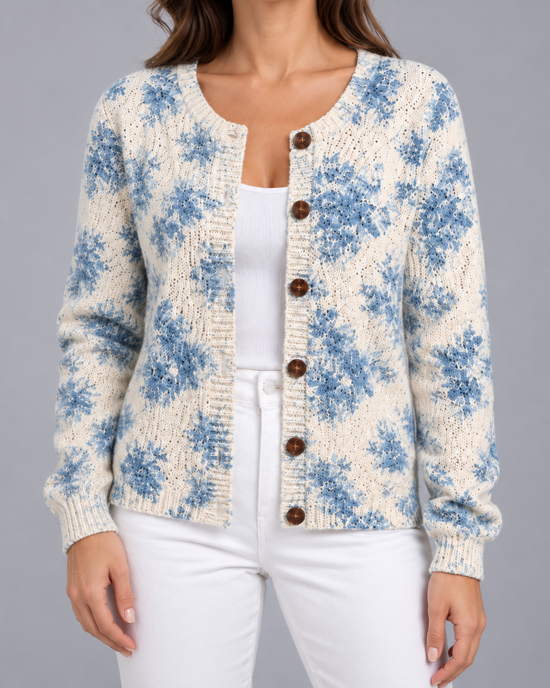 Women's Floral Knit Button-Up Cardigan