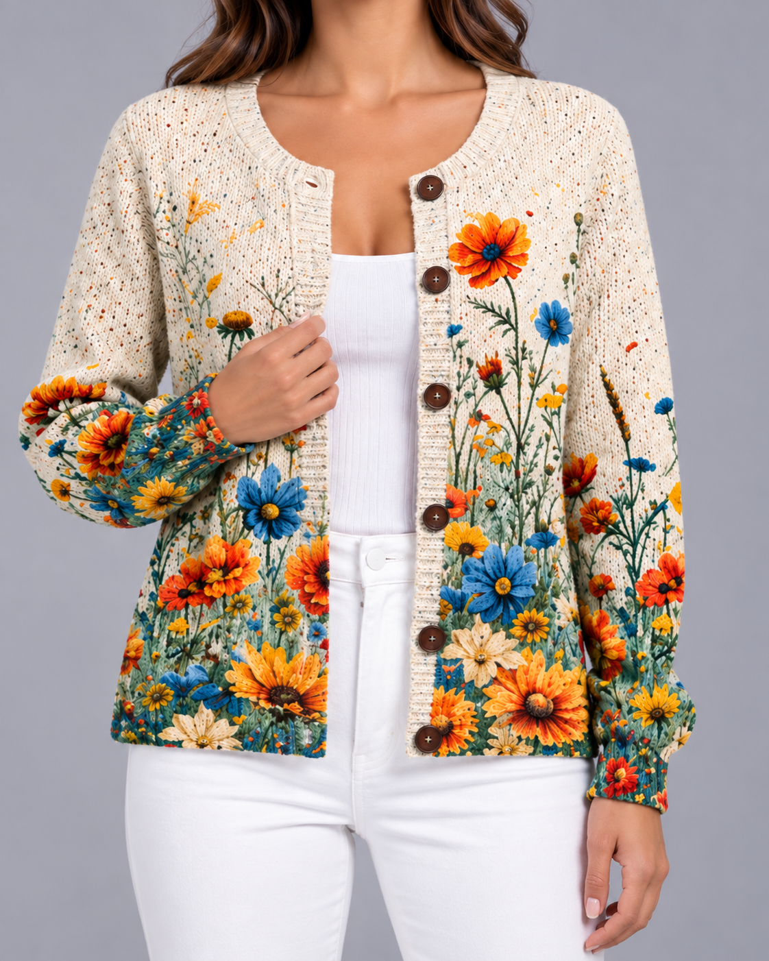 Women's Floral Knit Button-Up Cardigan
