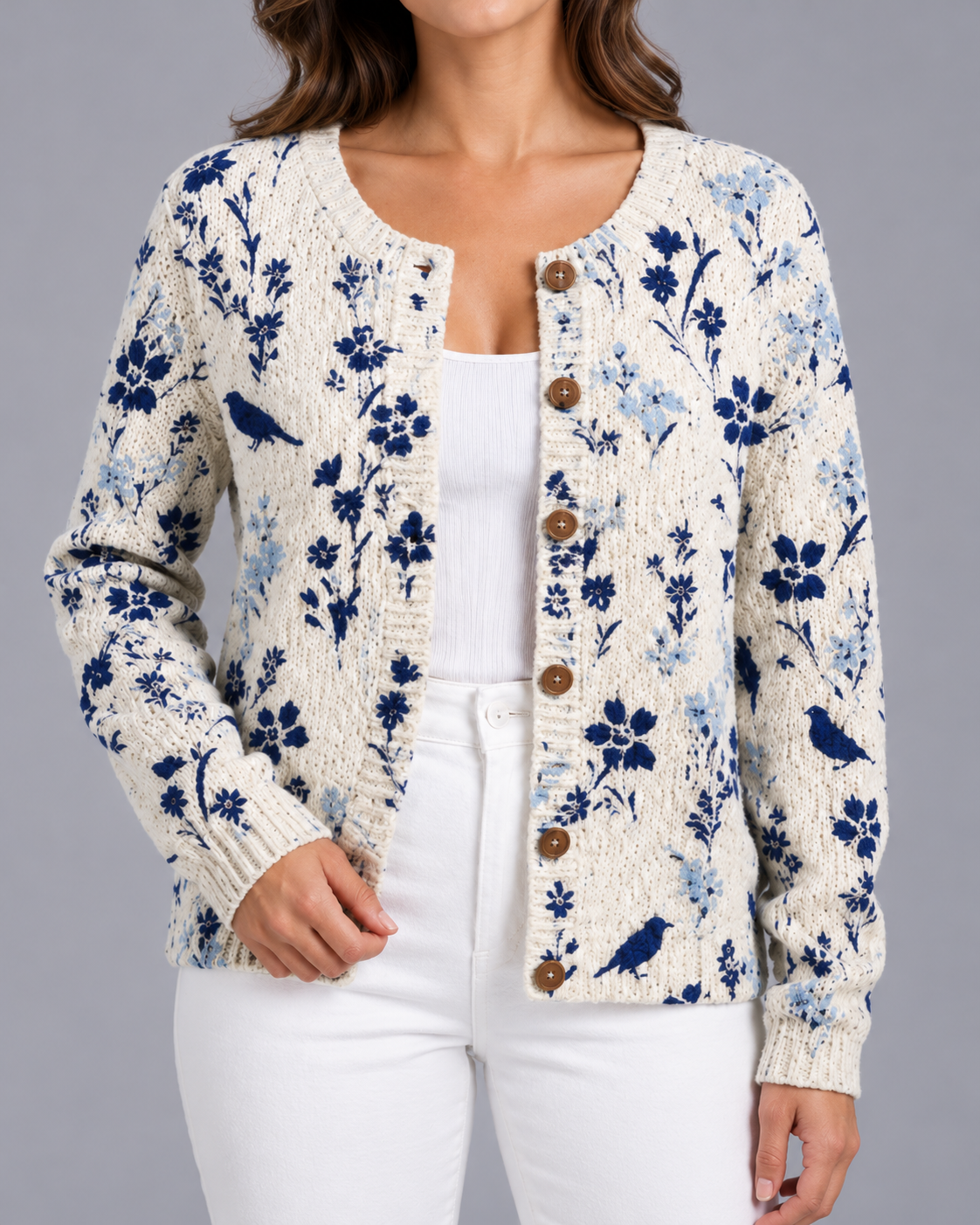 Women's Floral Knit Button-Up Cardigan